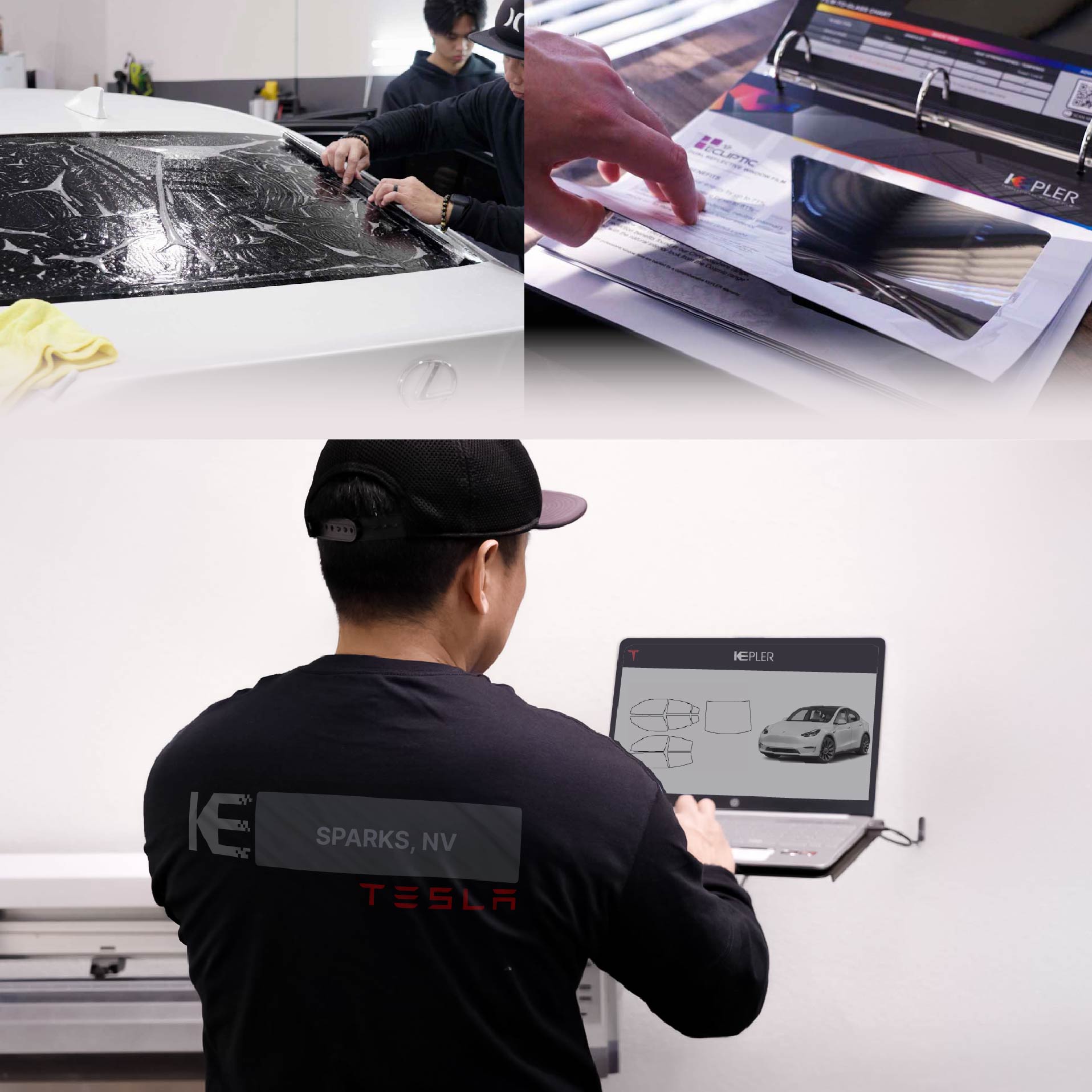 Kepler Technician Installing High-tech Window Tint to Tesla in Sparks