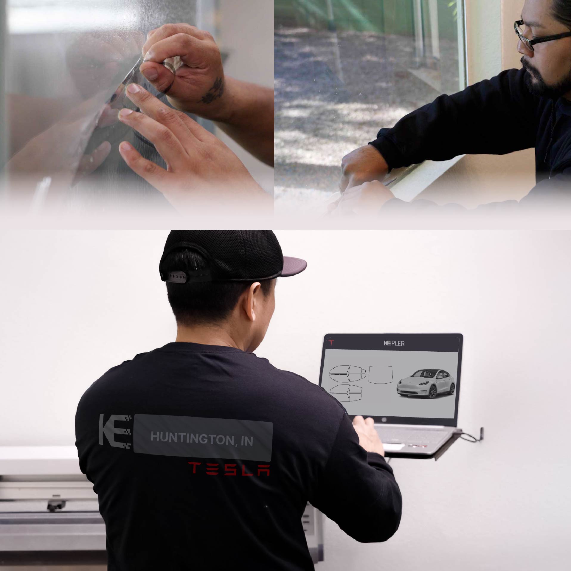 Kepler Technician Installing Advanced Window Tint to Tesla in Huntington