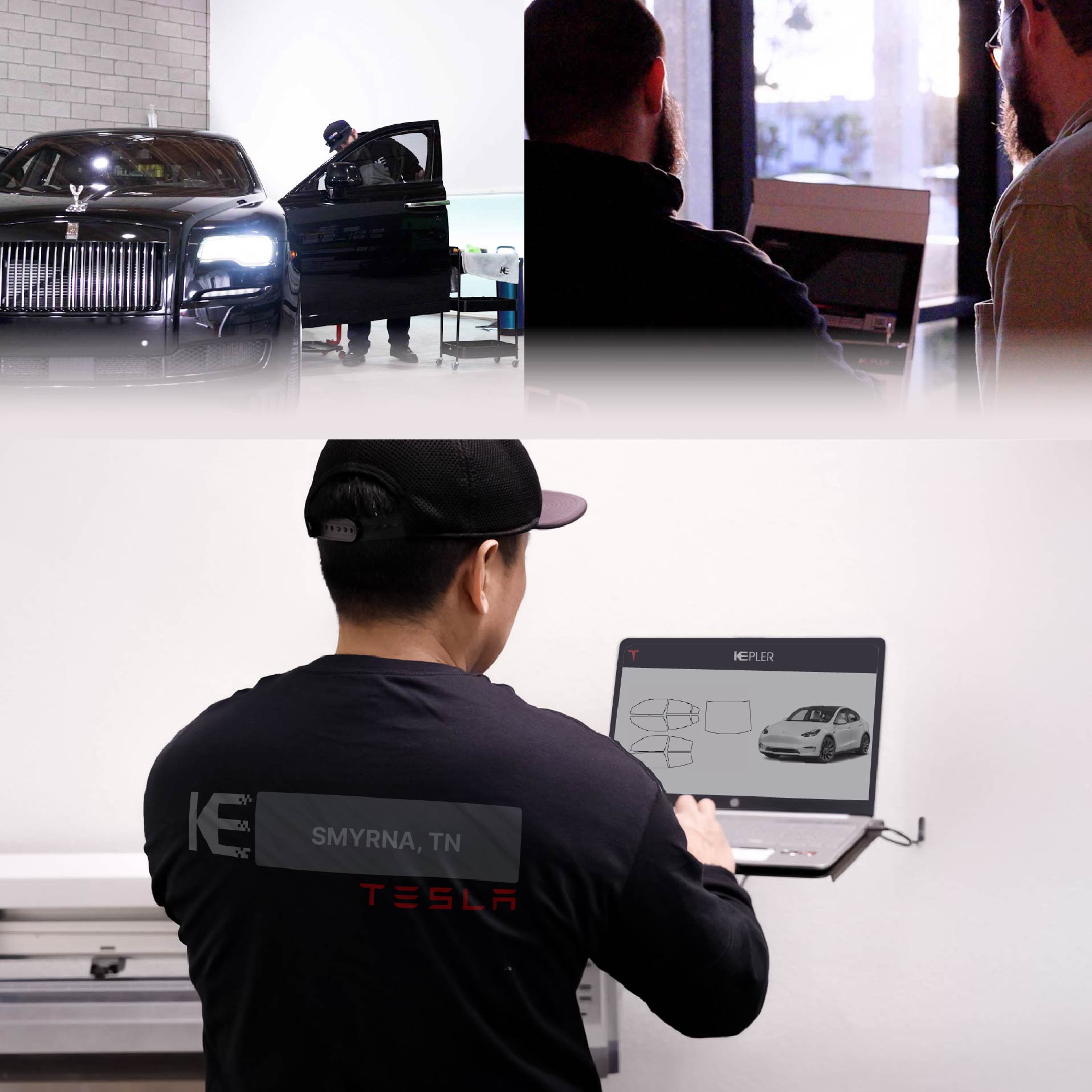 Expert Technician Installing Ceramic Window Tint to Tesla in Smyrna