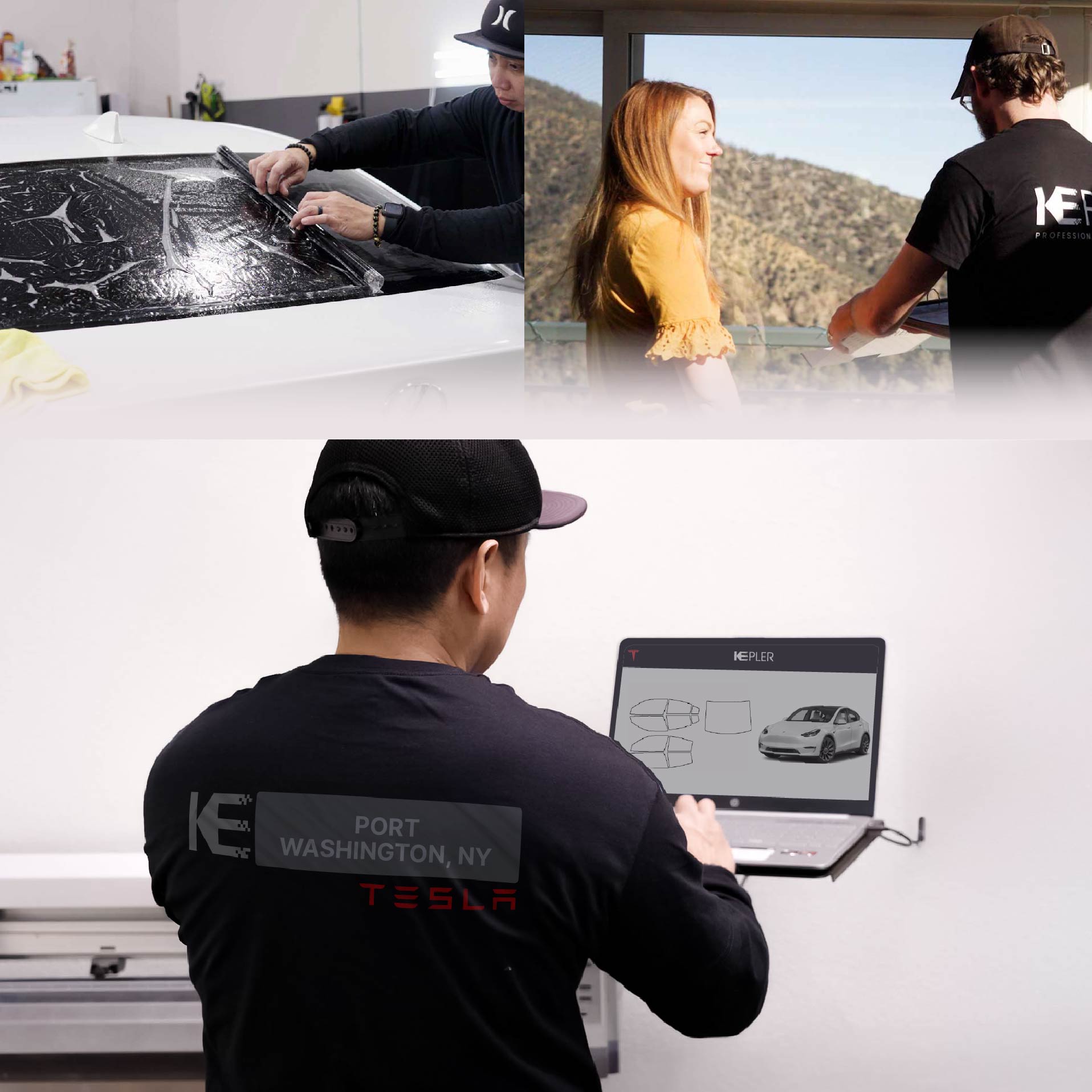 Kepler Technician Installing Ceramic Window Tint to Tesla in Port Washington