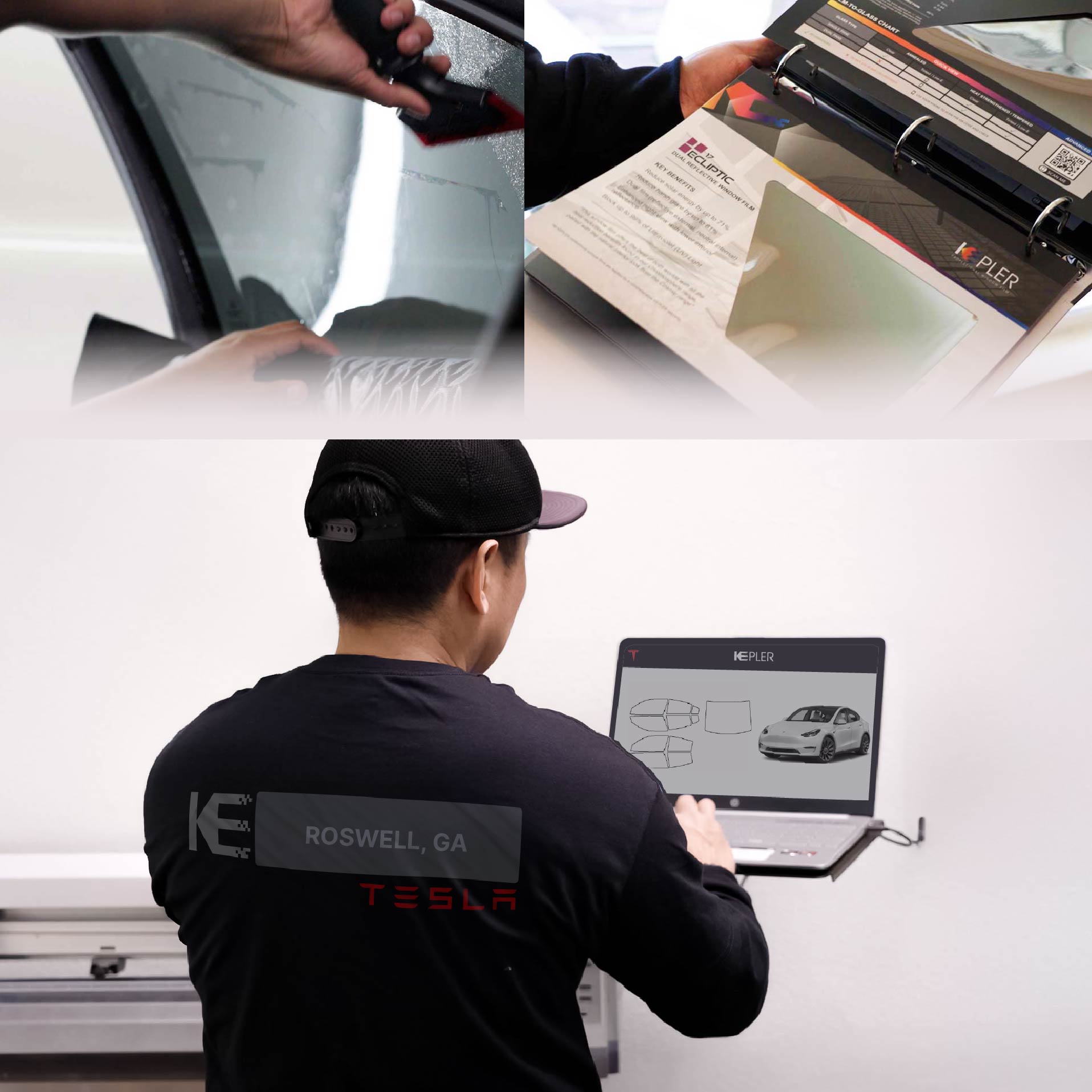 Expert Technician Applying High-tech Window Tint to Tesla in Roswell