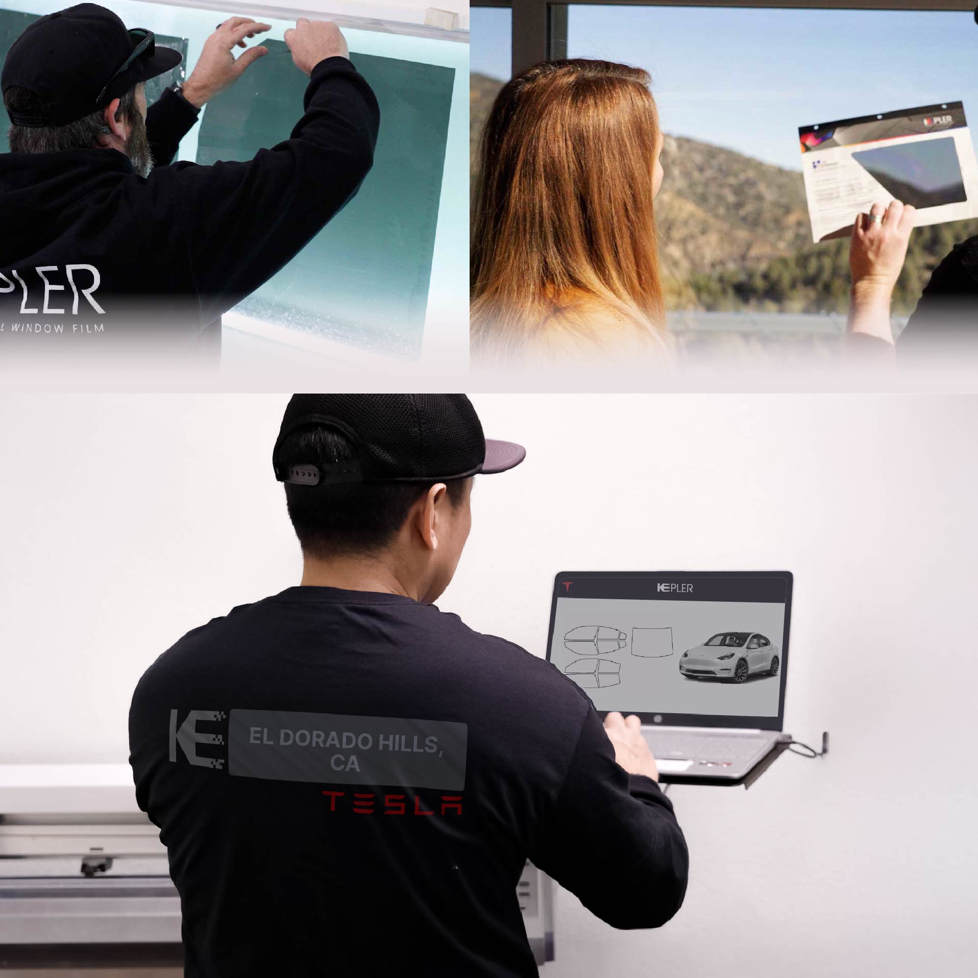 Kepler Technician Installing Ceramic Window Tint to Tesla in El Dorado Hills
