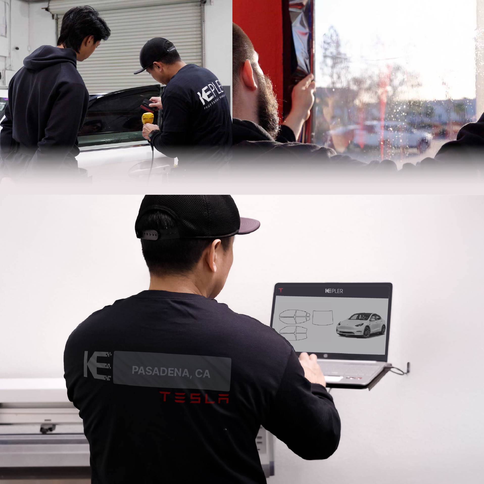 Expert Technician Applying Advanced Window Tint to Tesla in Pasadena