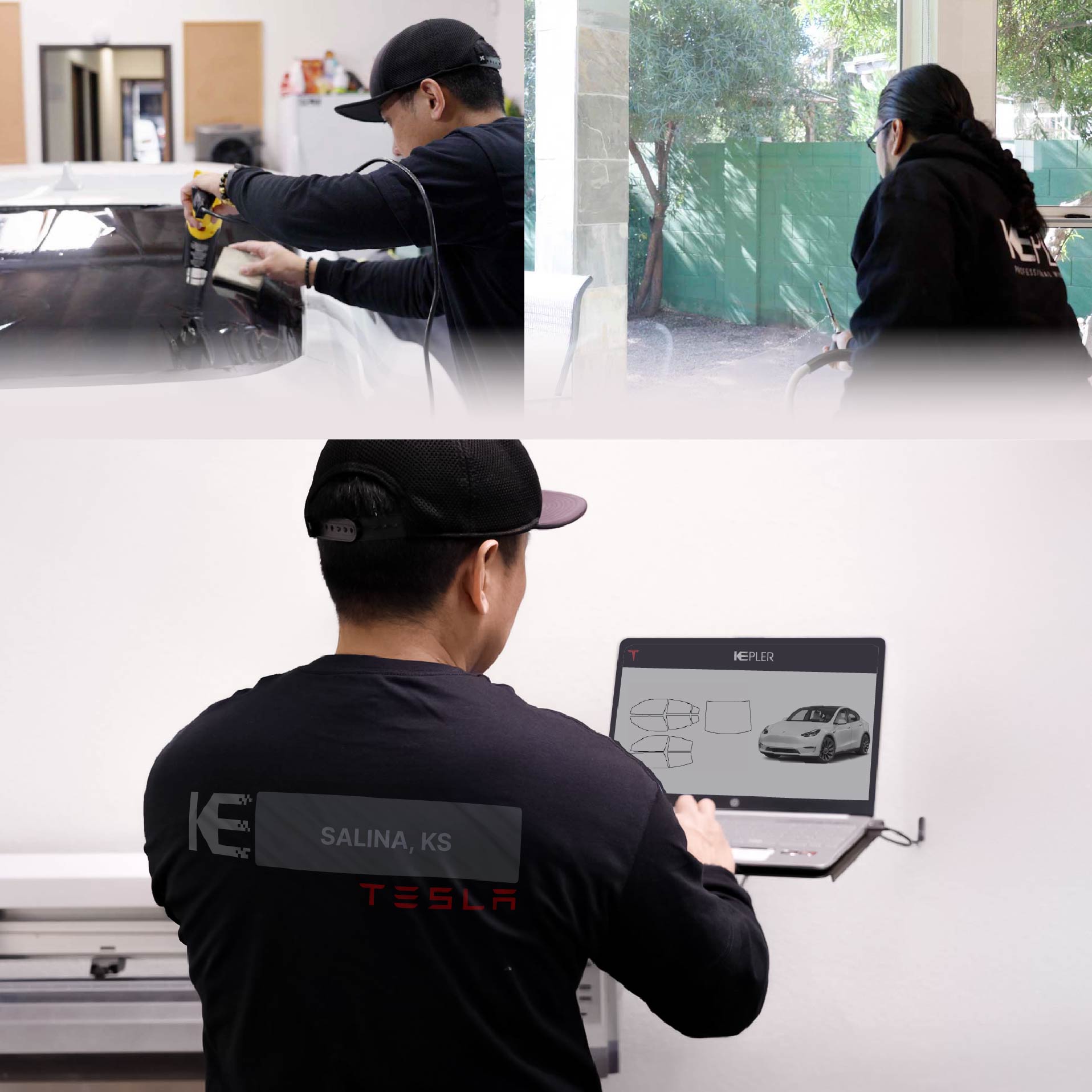 Kepler Technician Fitting Advanced Window Tint to Tesla in Salina