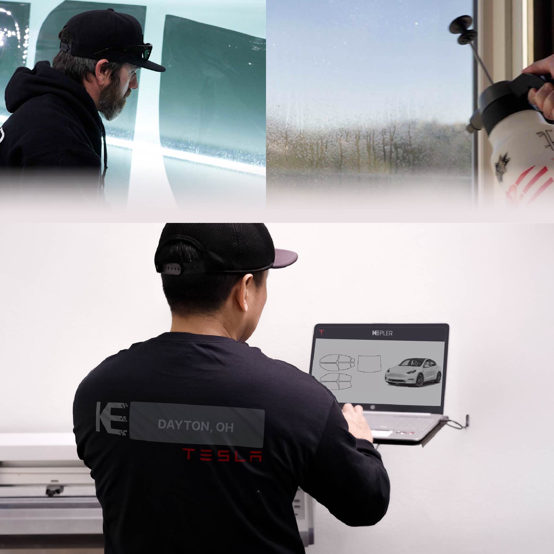 Kepler Technician Applying Ceramic Window Tint to Tesla in Dayton