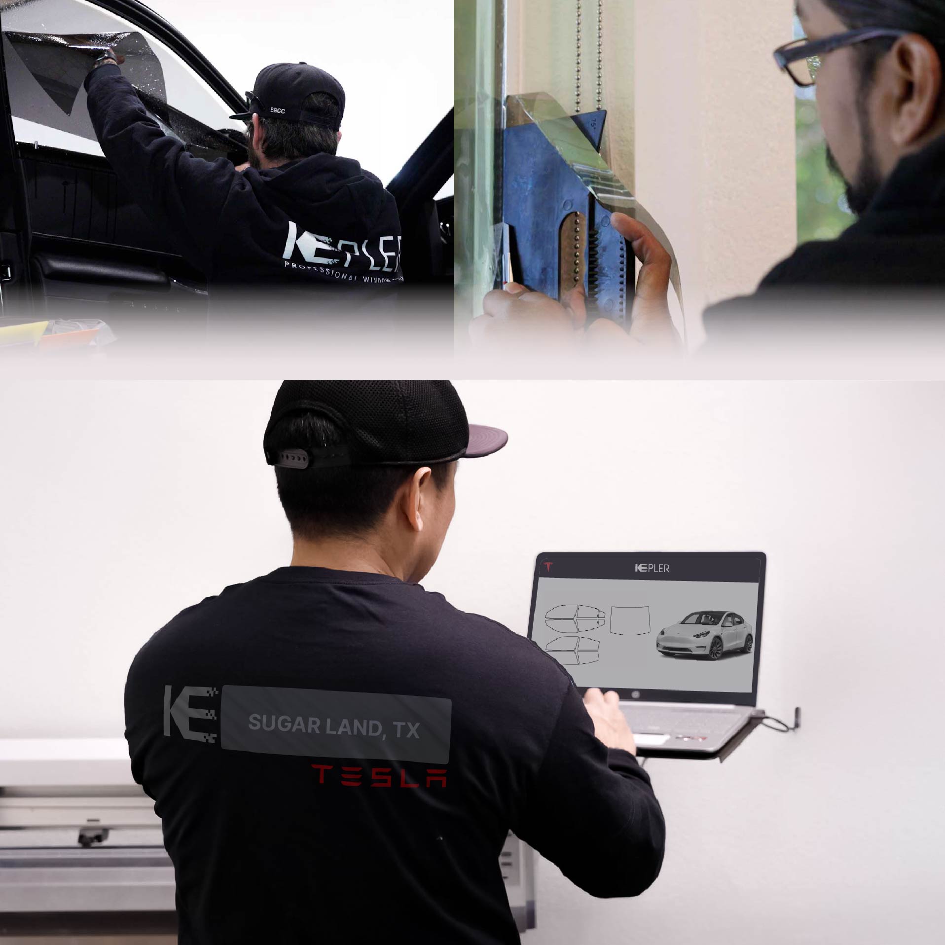 Kepler Technician Installing Ceramic Window Tint to Tesla in Sugar Land