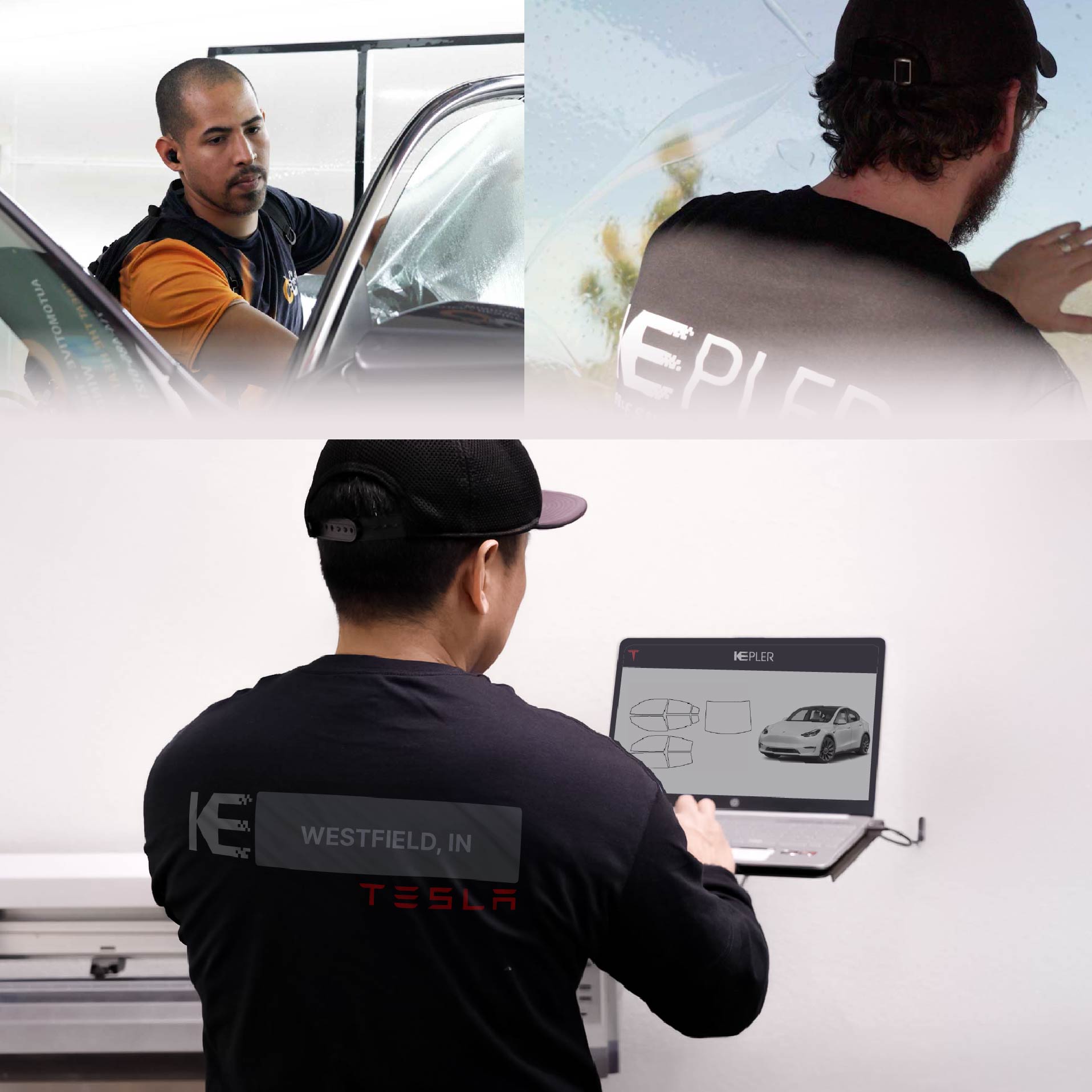 Expert Technician Installing Advanced Window Tint to Tesla in Westfield
