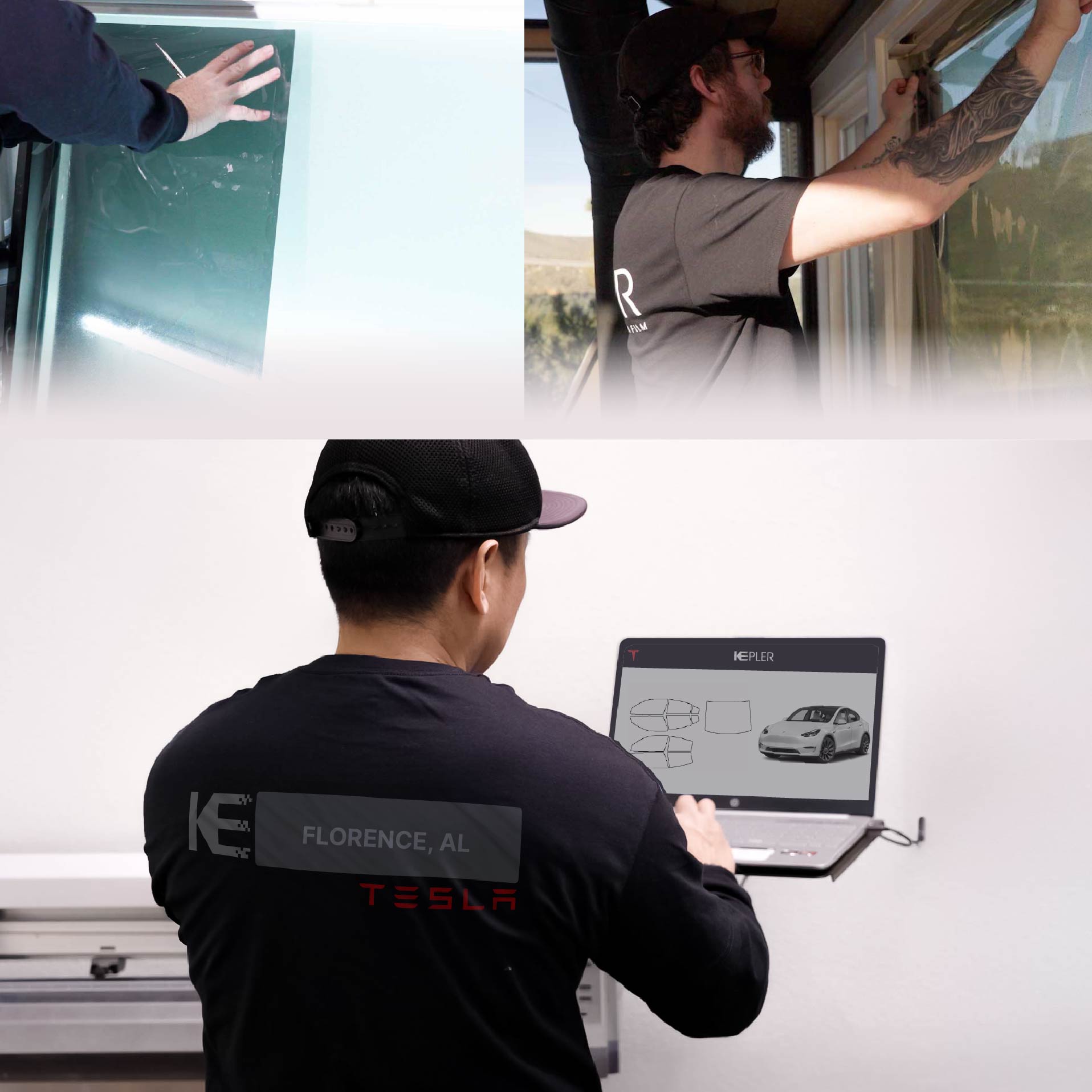 Expert Technician Applying High-tech Window Tint to Tesla in Florence