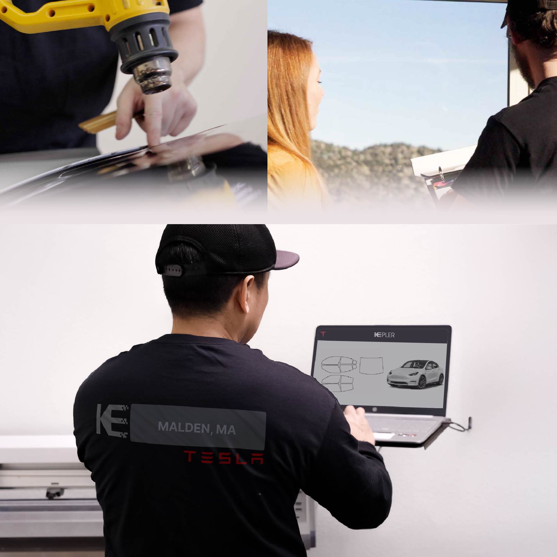 Expert Technician Fitting High-tech Window Tint to Tesla in Malden