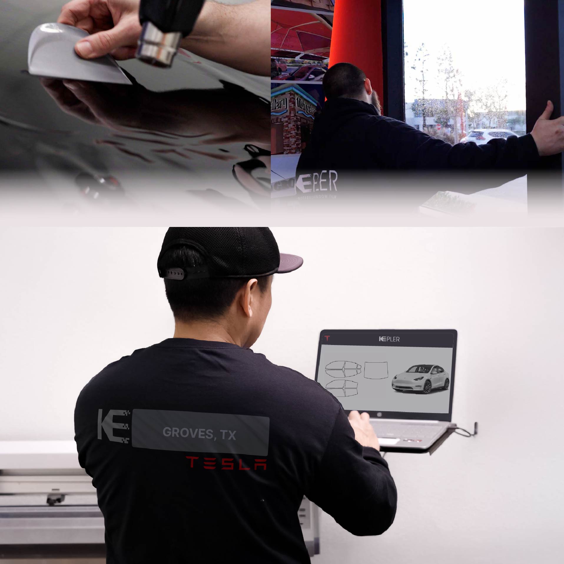 Expert Technician Applying High-tech Window Tint to Tesla in Groves