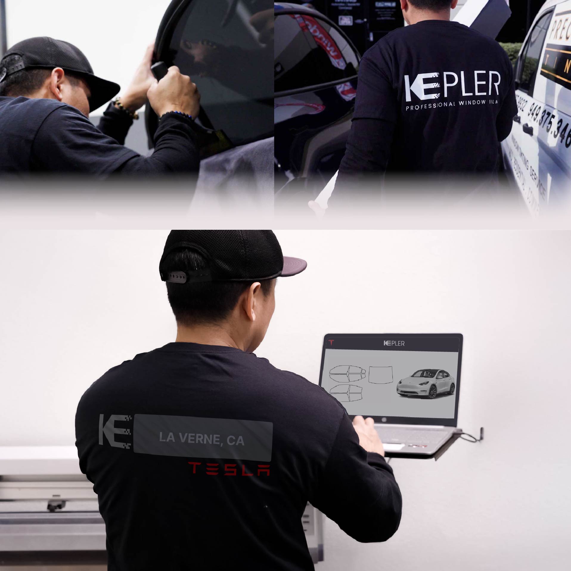 Kepler Technician Installing Ceramic Window Tint to Tesla in La Verne