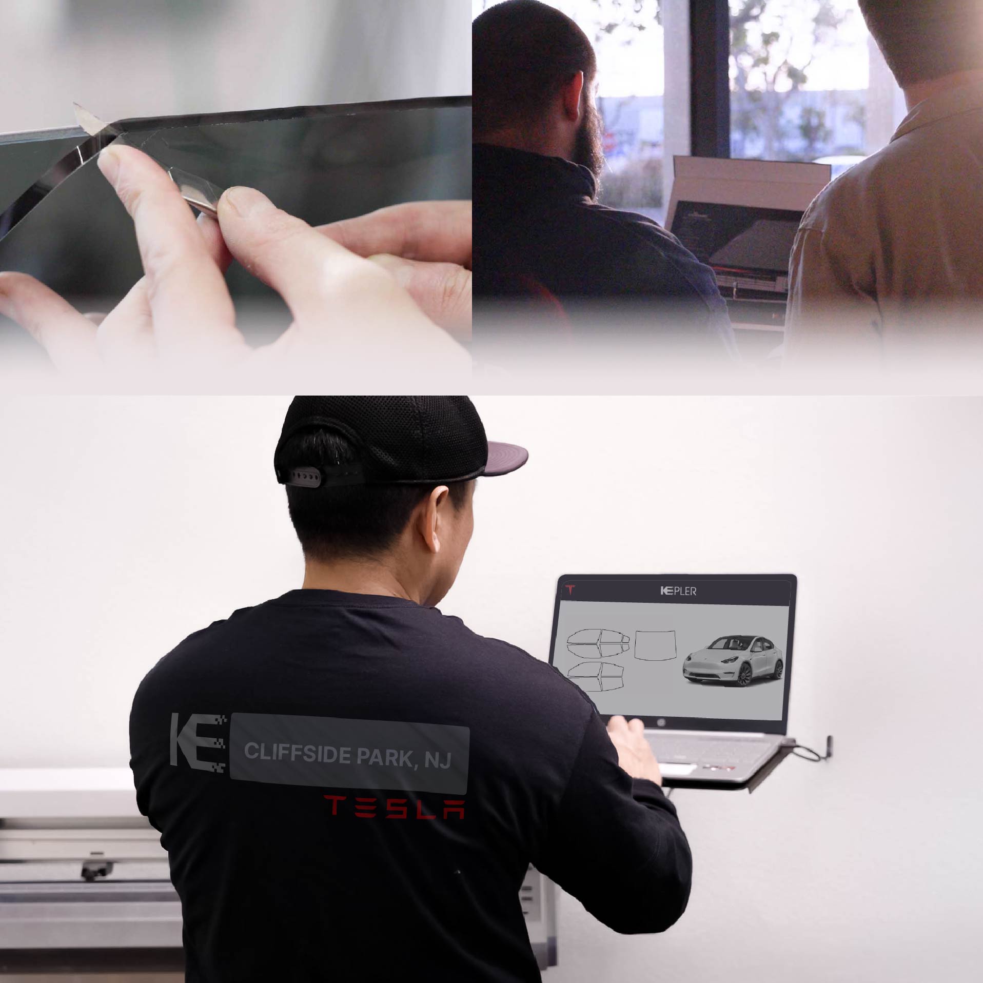 Expert Technician Installing Advanced Window Tint to Tesla in Cliffside Park