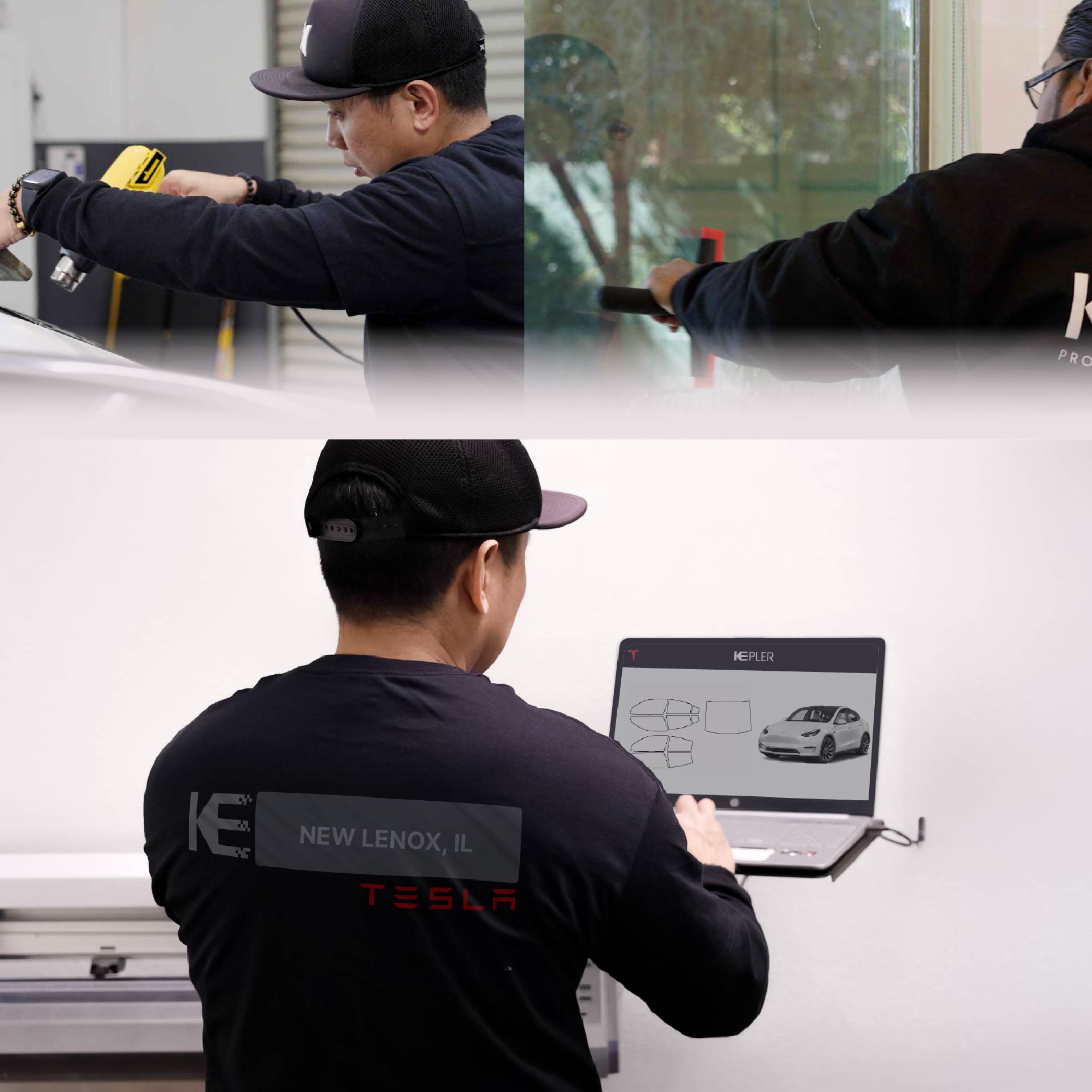 Kepler Technician Applying Ceramic Window Tint to Tesla in New Lenox