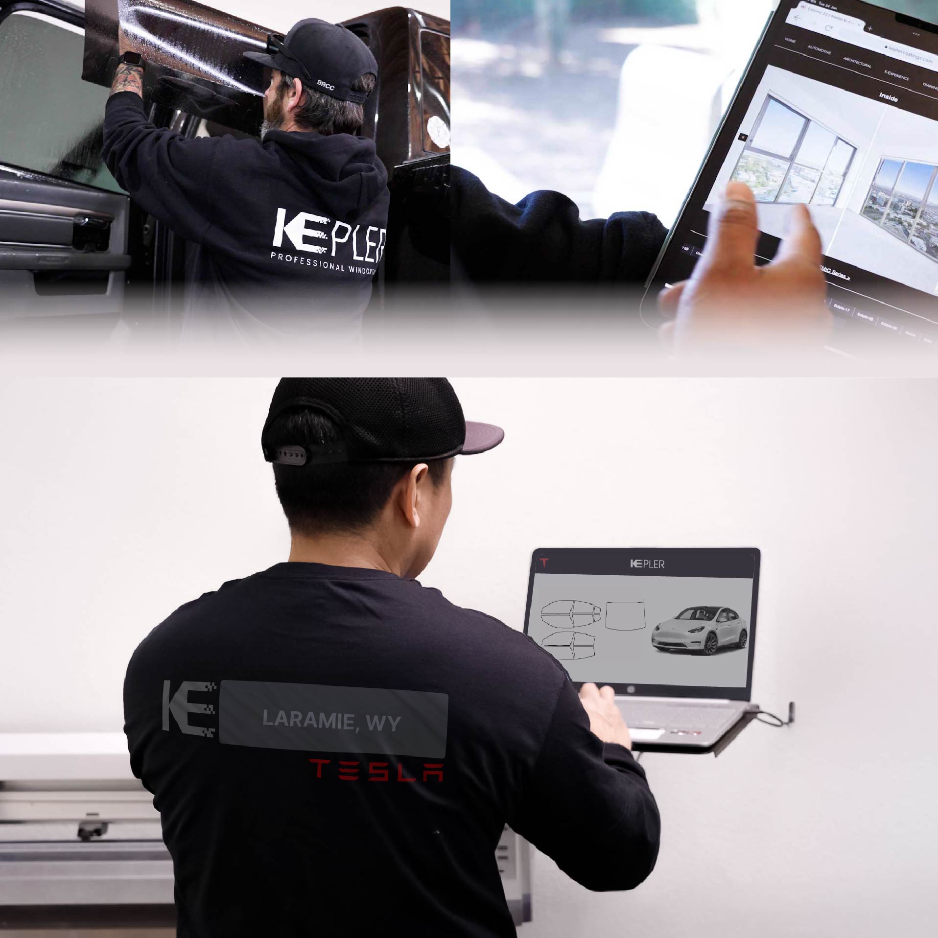 Expert Technician Installing Advanced Window Tint to Tesla in Laramie