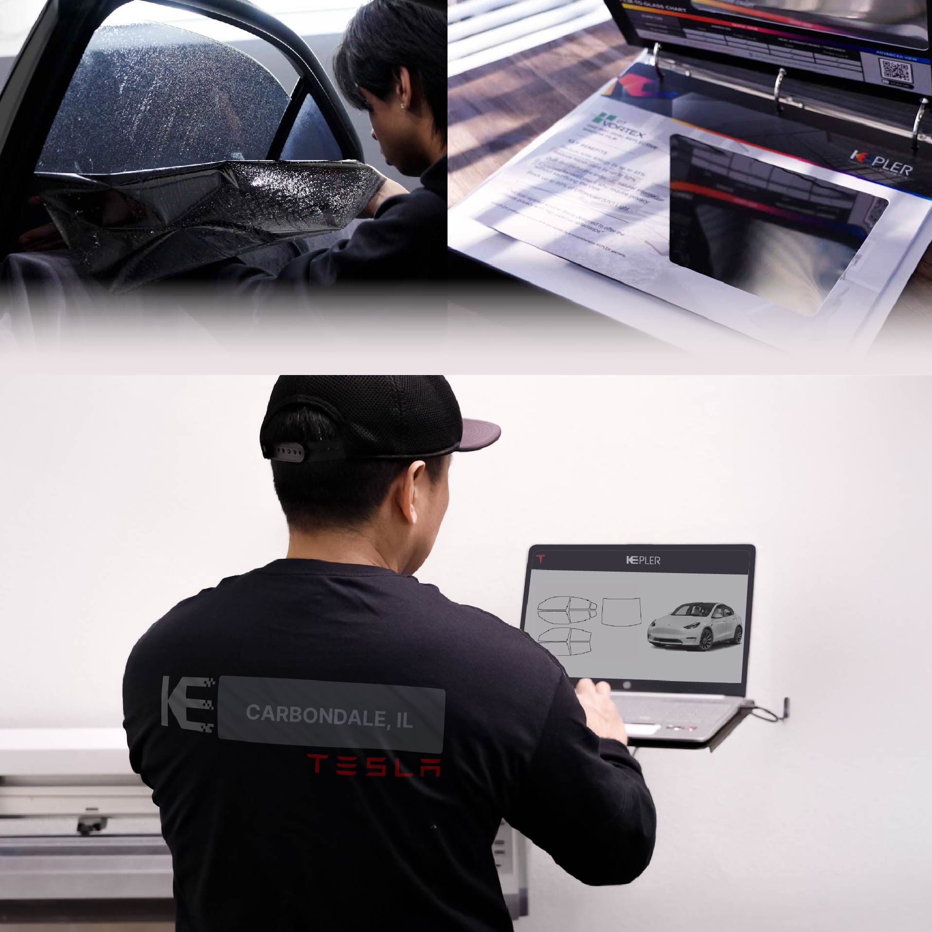 Expert Technician Fitting High-tech Window Tint to Tesla in Carbondale