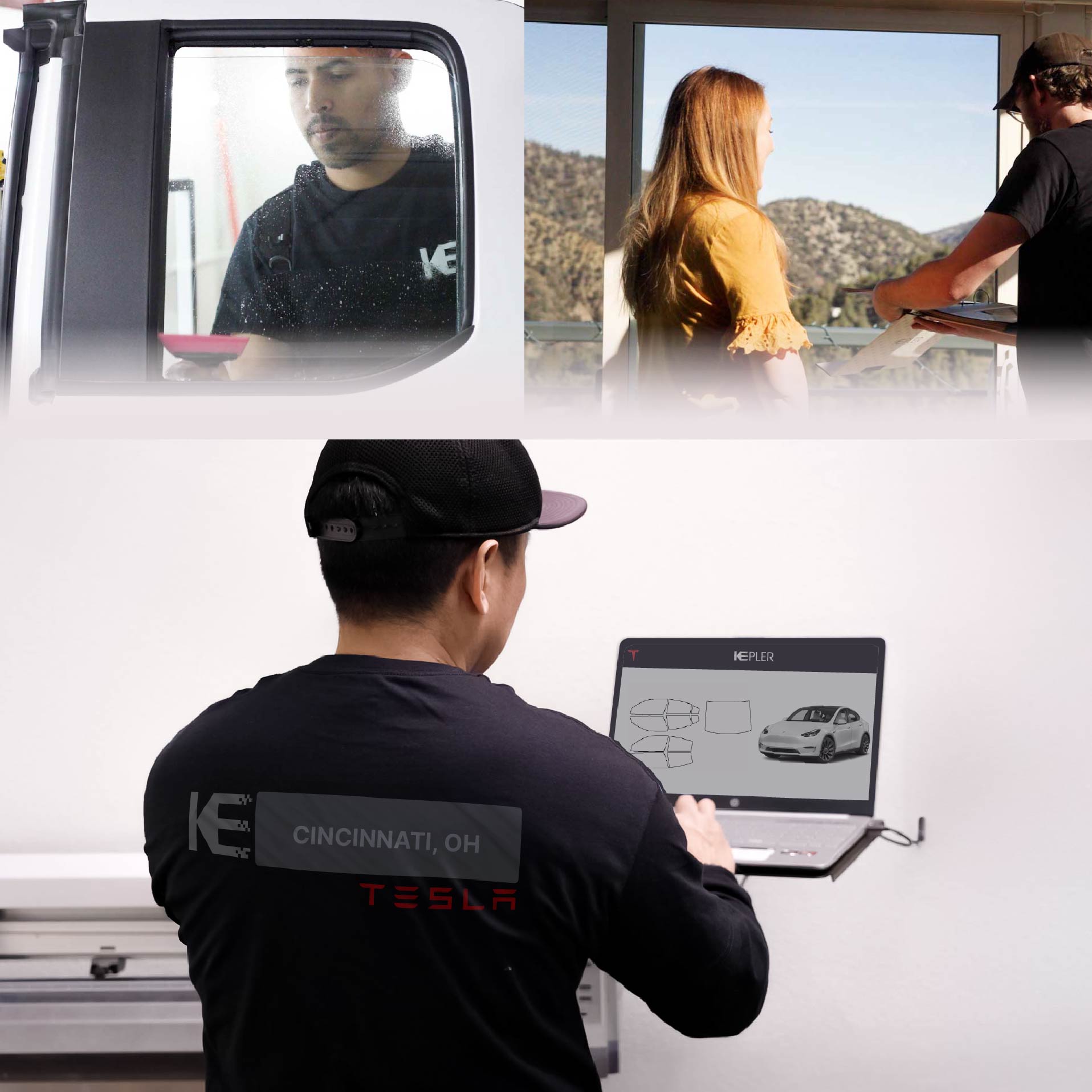 Expert Technician Fitting High-tech Window Tint to Tesla in Cincinnati
