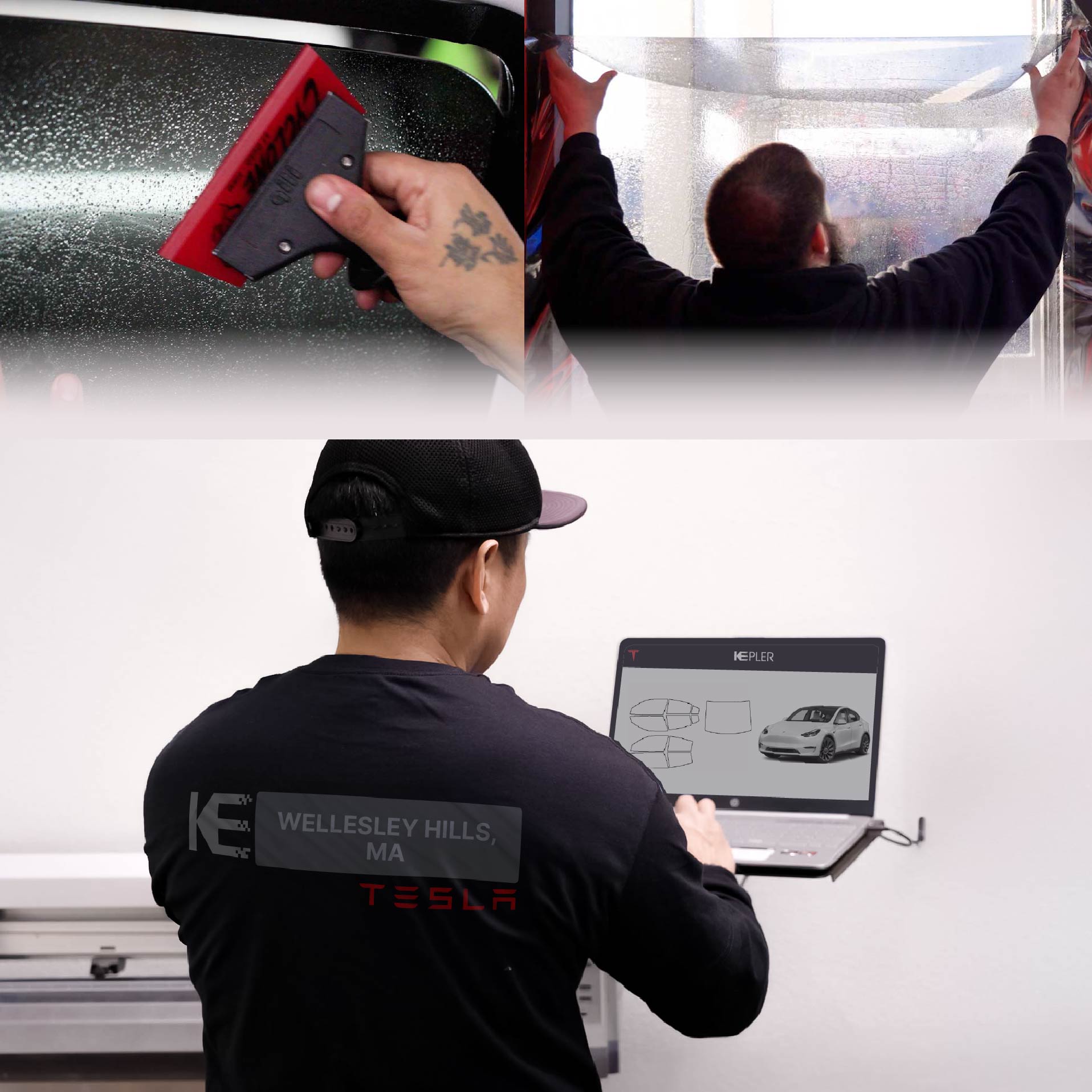 Kepler Technician Fitting Advanced Window Tint to Tesla in Wellesley Hills
