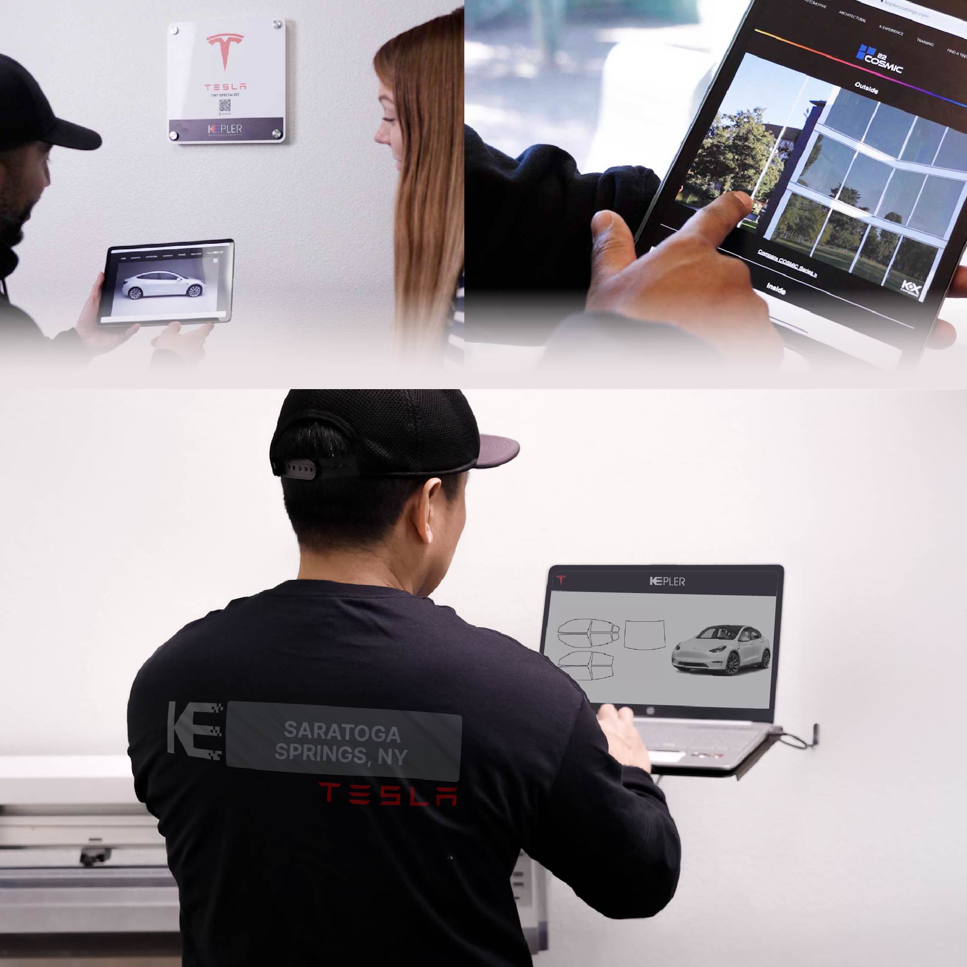 Kepler Technician Installing Ceramic Window Tint to Tesla in Saratoga Springs