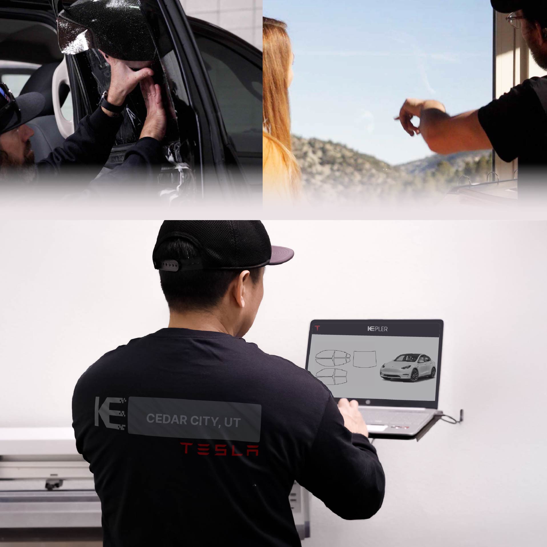 Kepler Technician Fitting Ceramic Window Tint to Tesla in Cedar City