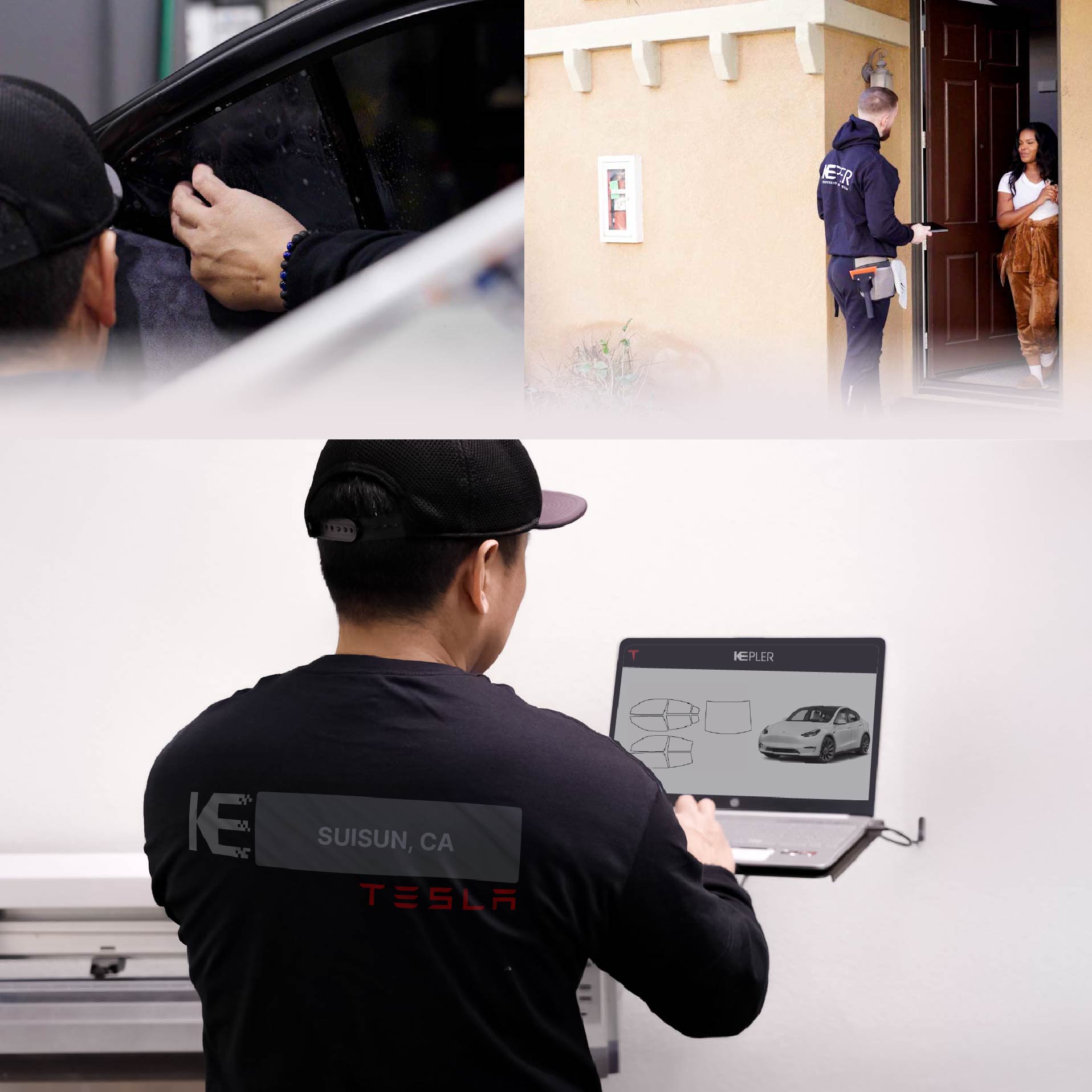 Expert Technician Fitting High-tech Window Tint to Tesla in Suisun