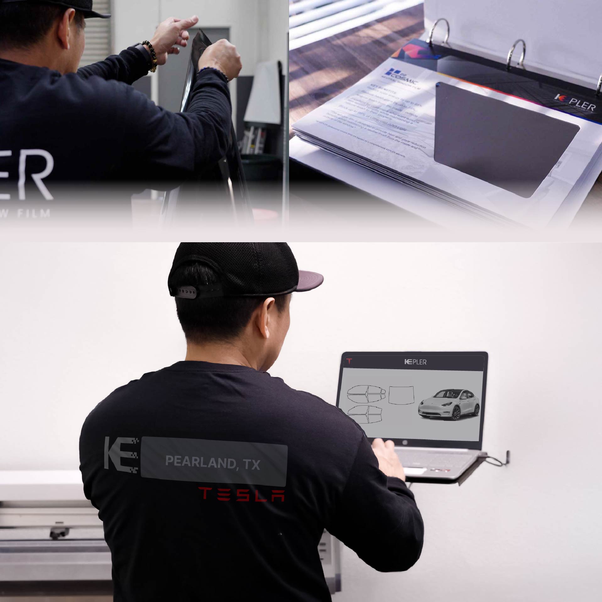 Expert Technician Applying Ceramic Window Tint to Tesla in Pearland