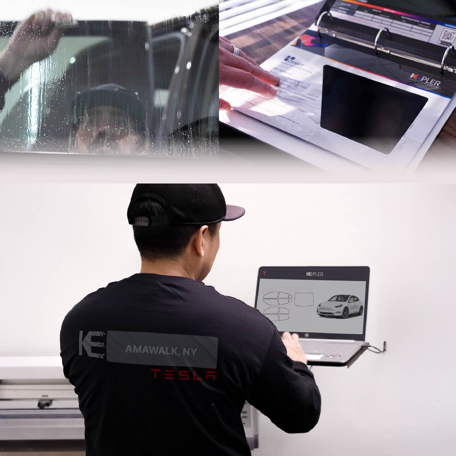 Kepler Technician Installing High-tech Window Tint to Tesla in Amawalk