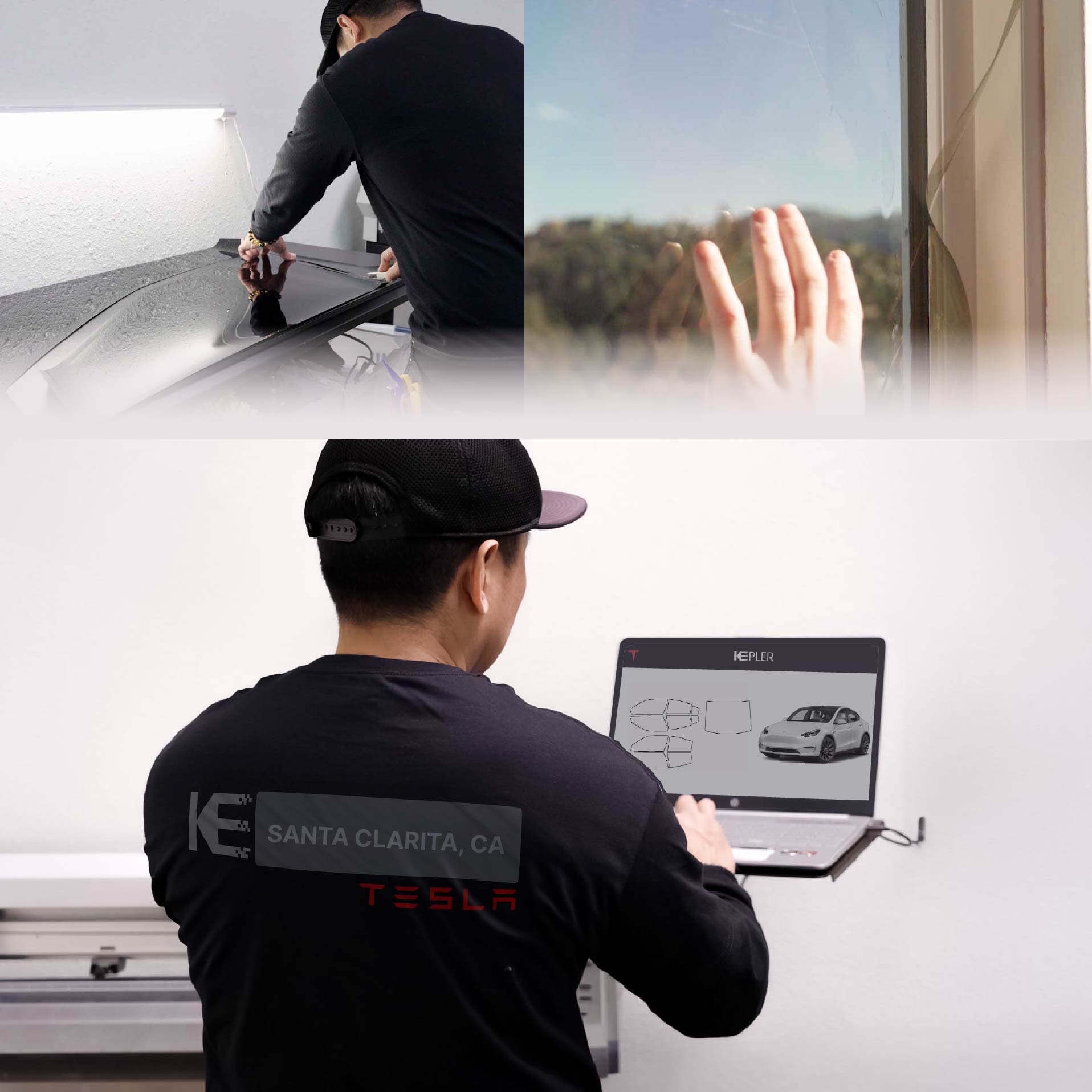 Expert Technician Applying Ceramic Window Tint to Tesla in Santa Clarita