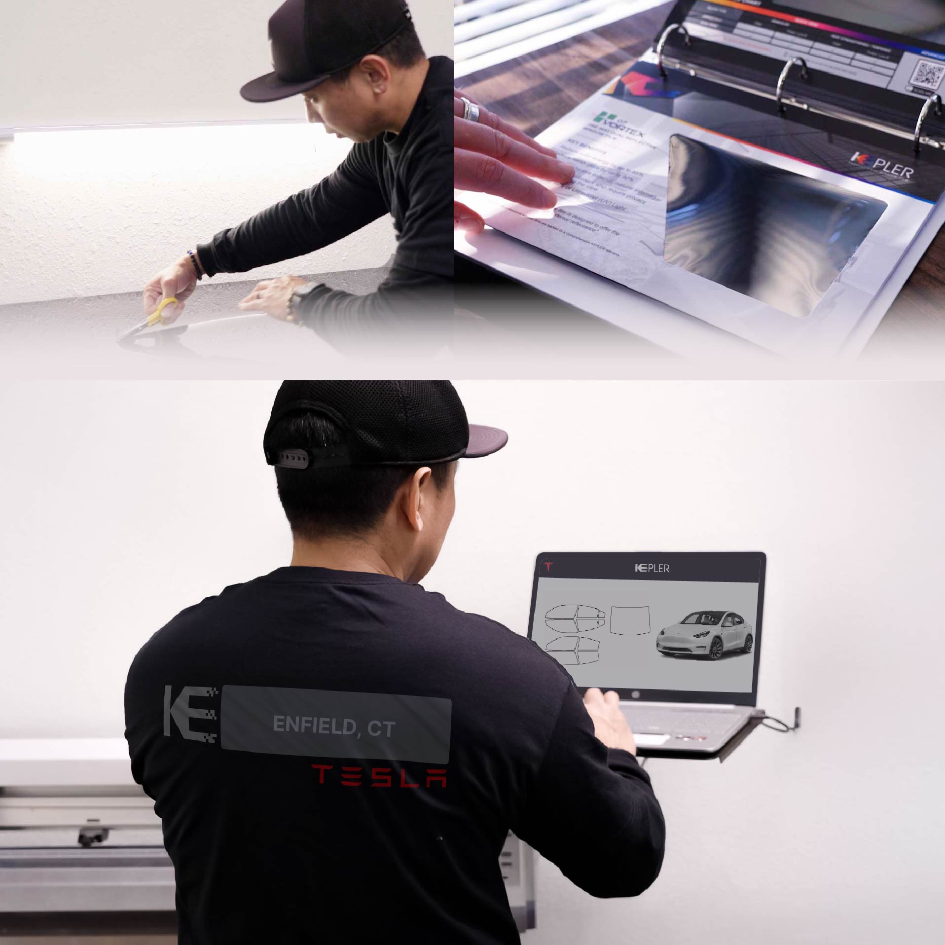 Kepler Technician Fitting Ceramic Window Tint to Tesla in Enfield