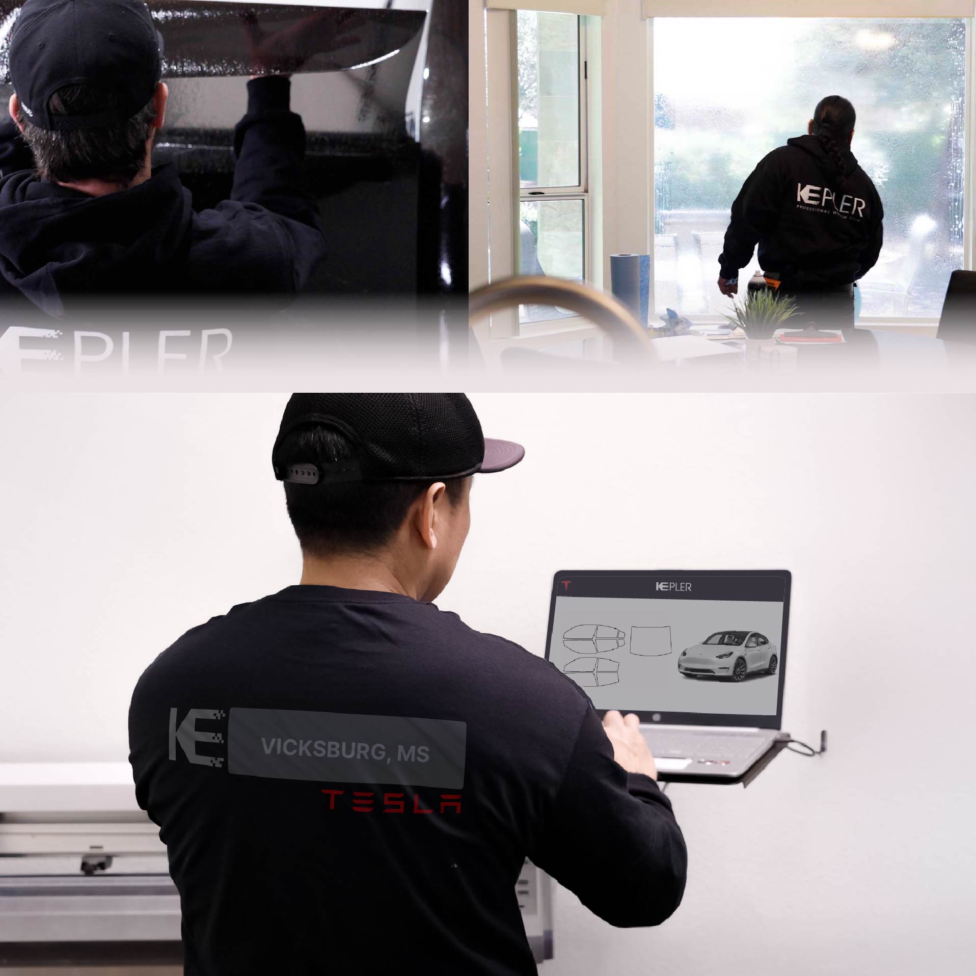 Kepler Technician Applying Advanced Window Tint to Tesla in Vicksburg