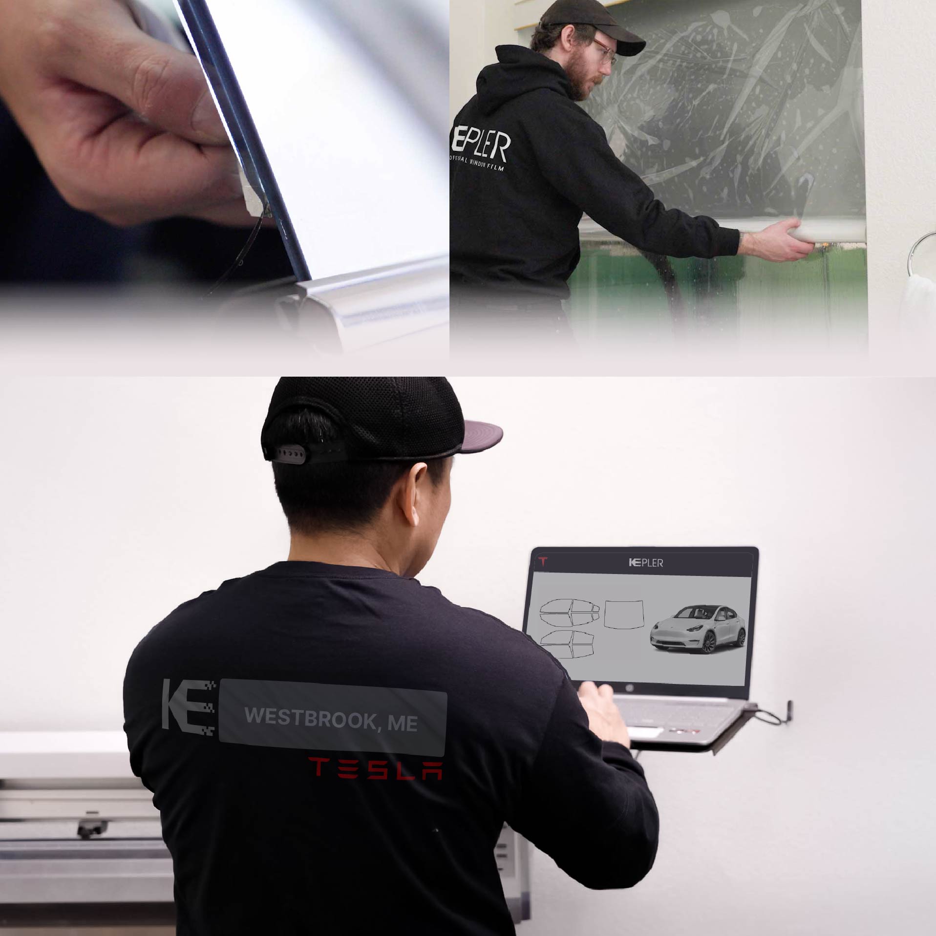 Kepler Technician Fitting Advanced Window Tint to Tesla in Westbrook