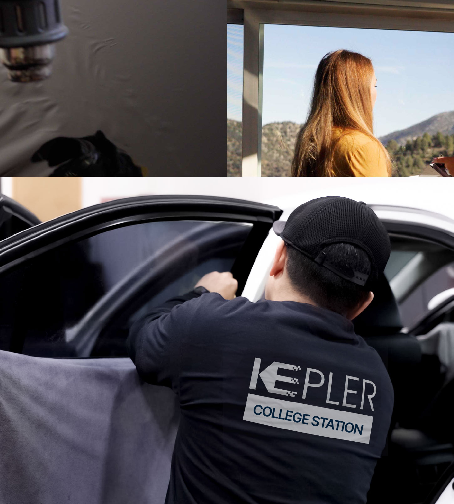 Automotive Window Tinting Expert Applying Film in College Station, Texas