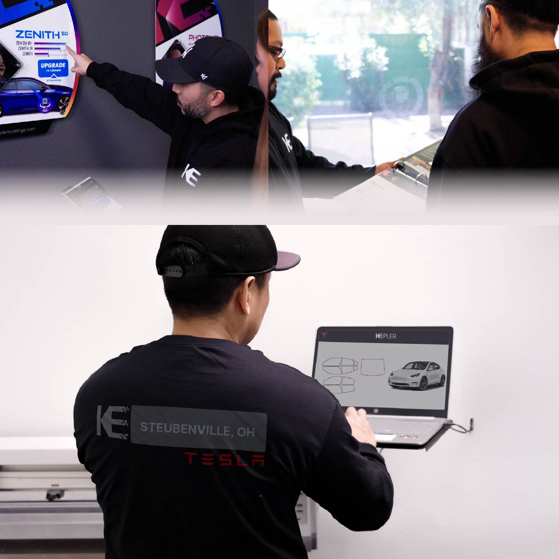 Kepler Technician Applying Advanced Window Tint to Tesla in Steubenville