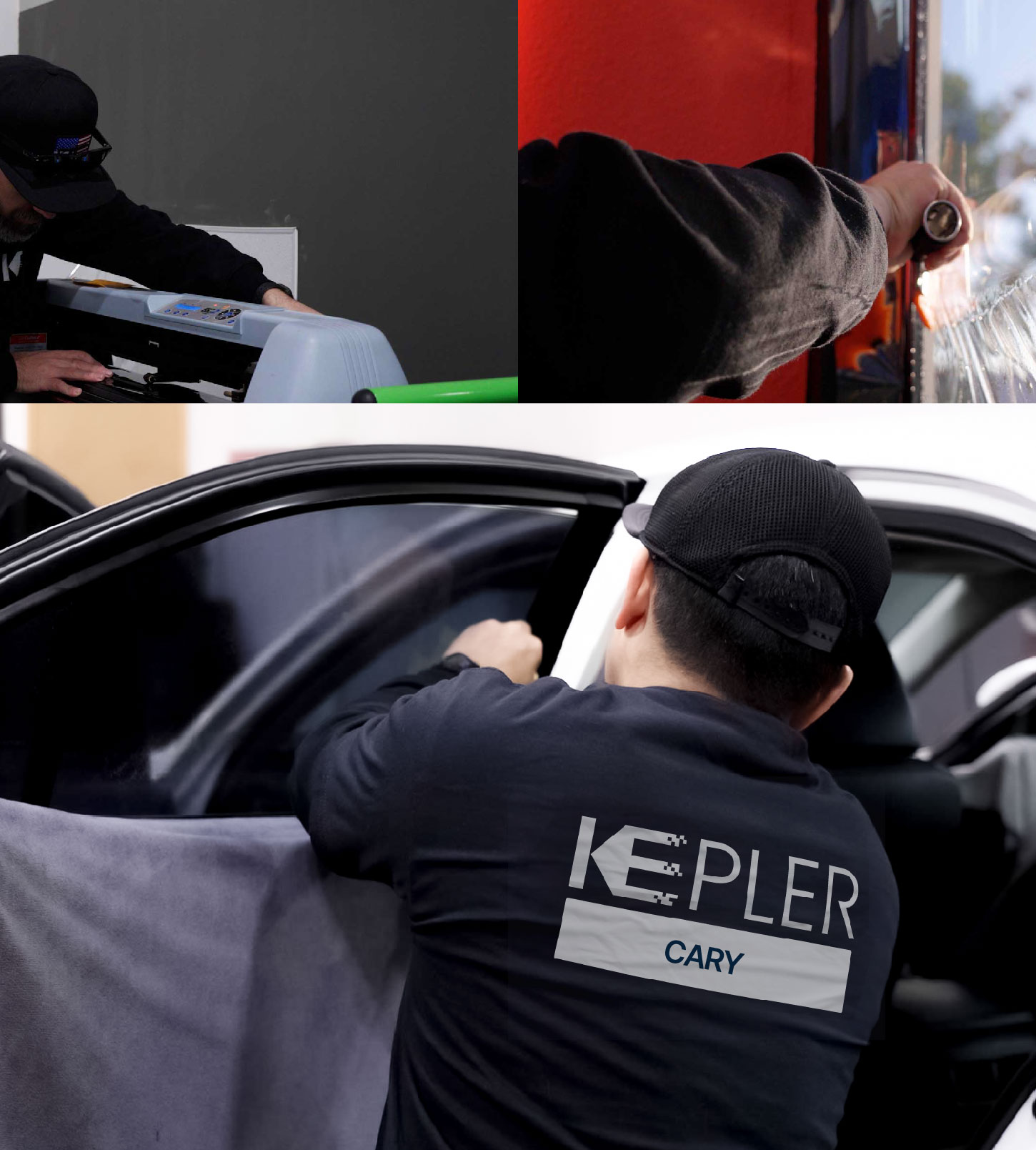 Automotive Window Tinting Expert Applying Film in Cary, North Carolina