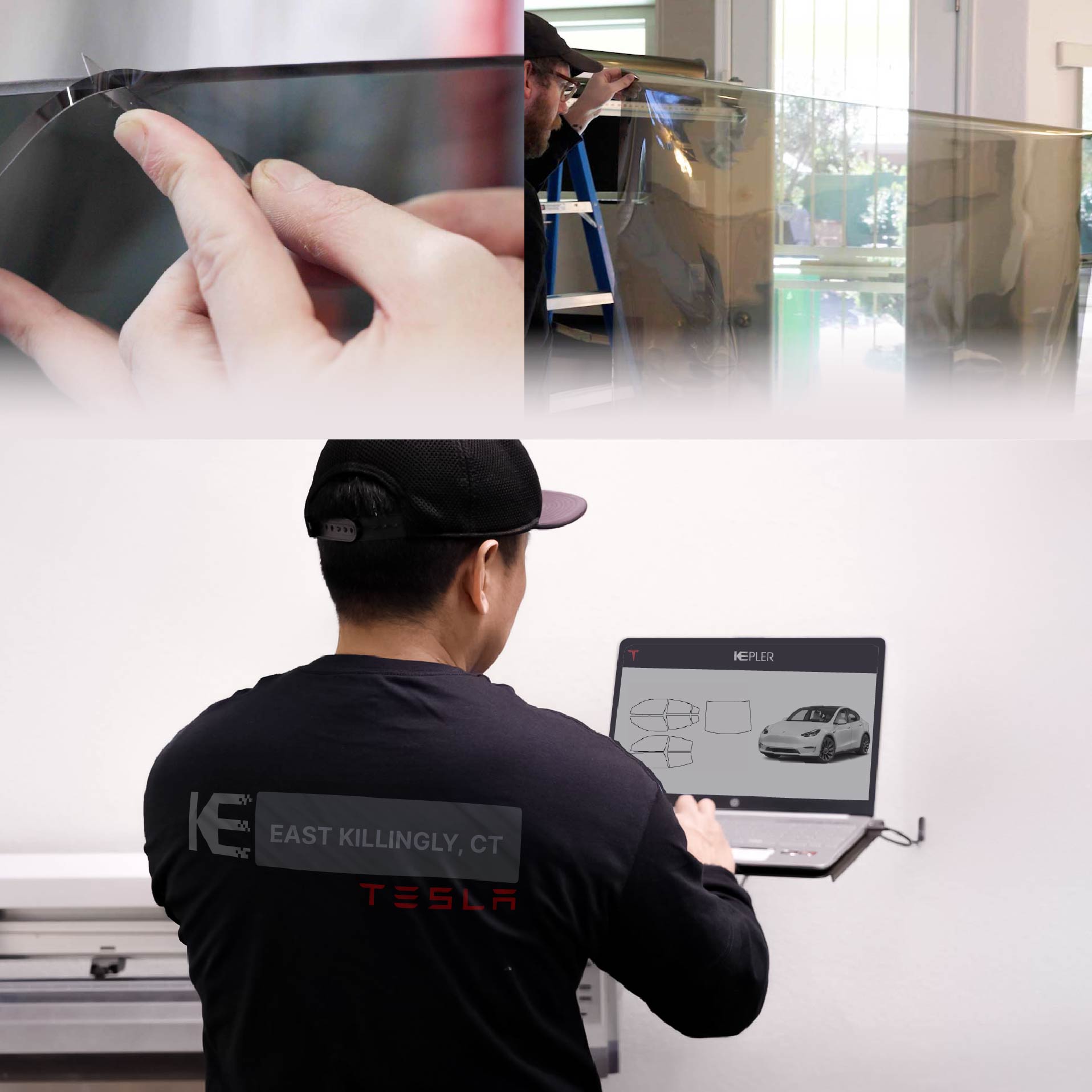 Kepler Technician Installing Ceramic Window Tint to Tesla in East Killingly