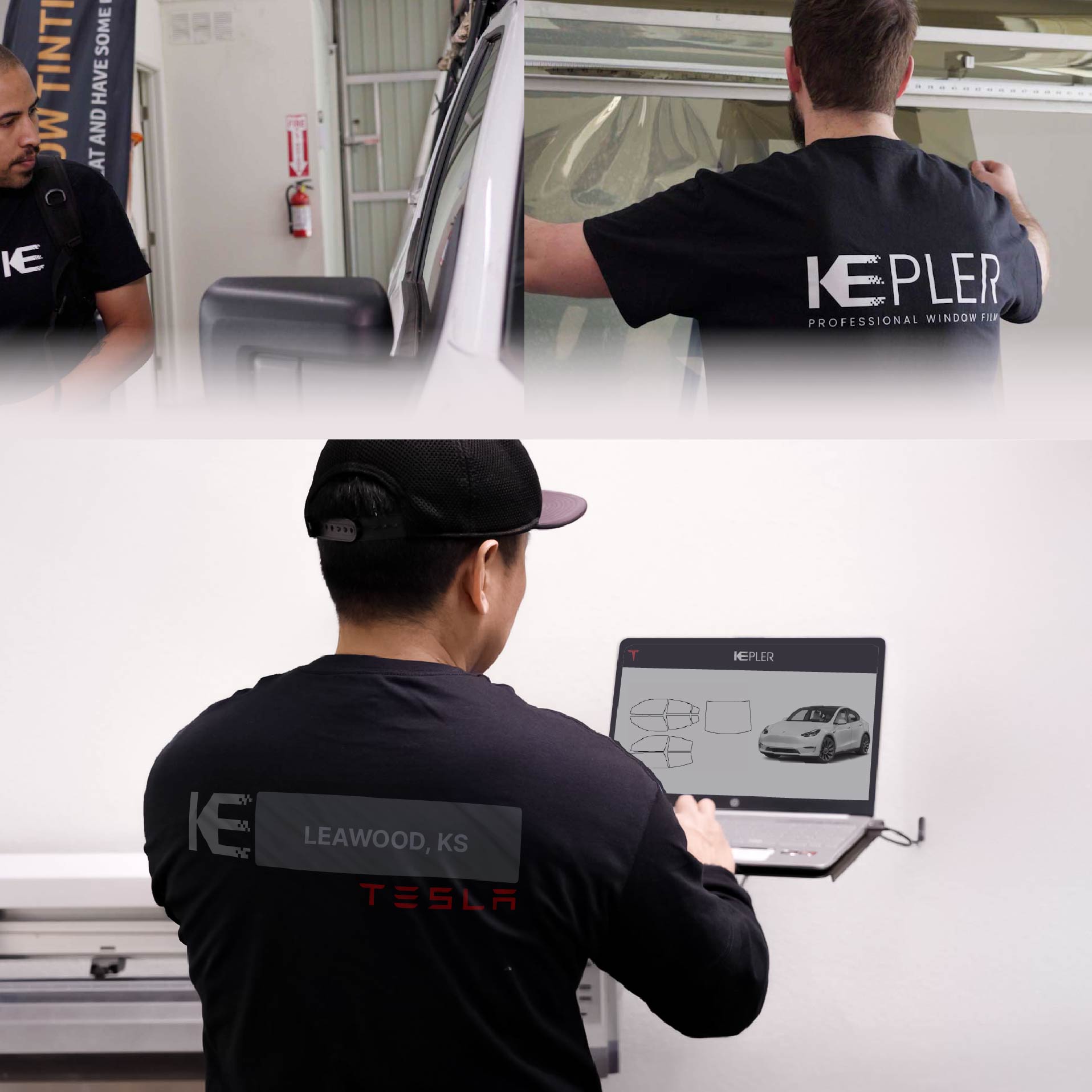 Kepler Technician Fitting Advanced Window Tint to Tesla in Leawood