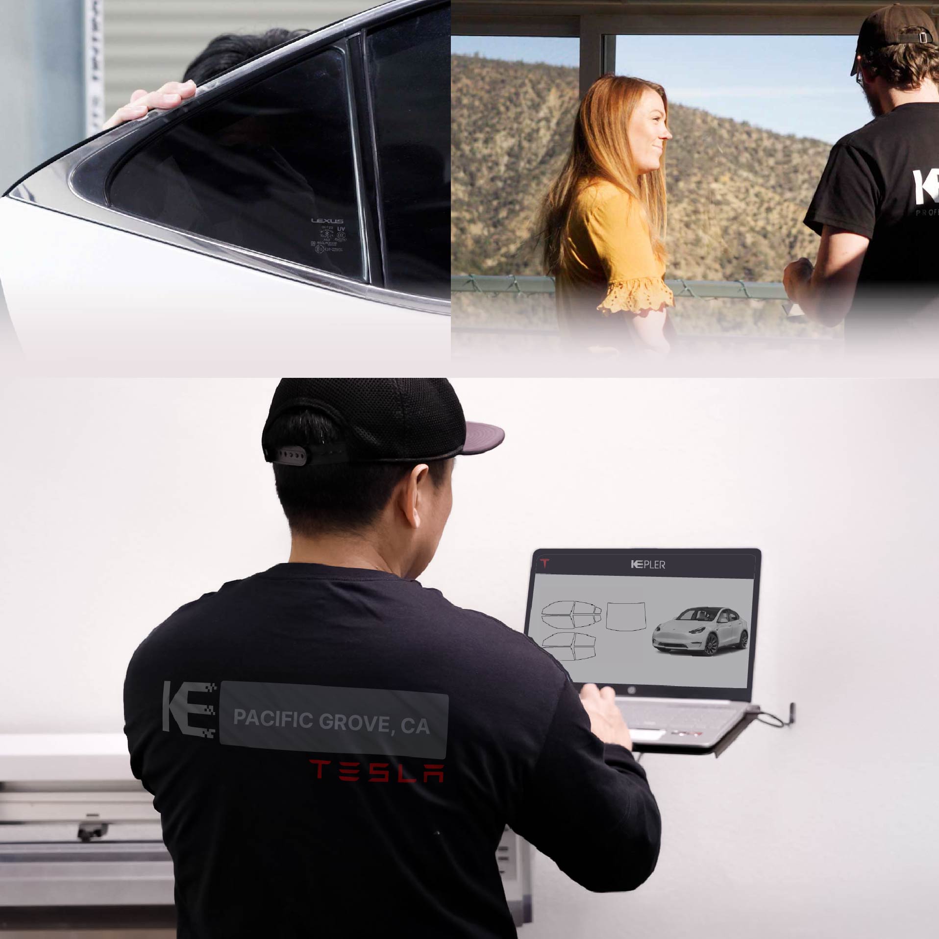 Kepler Technician Fitting Ceramic Window Tint to Tesla in Pacific Grove