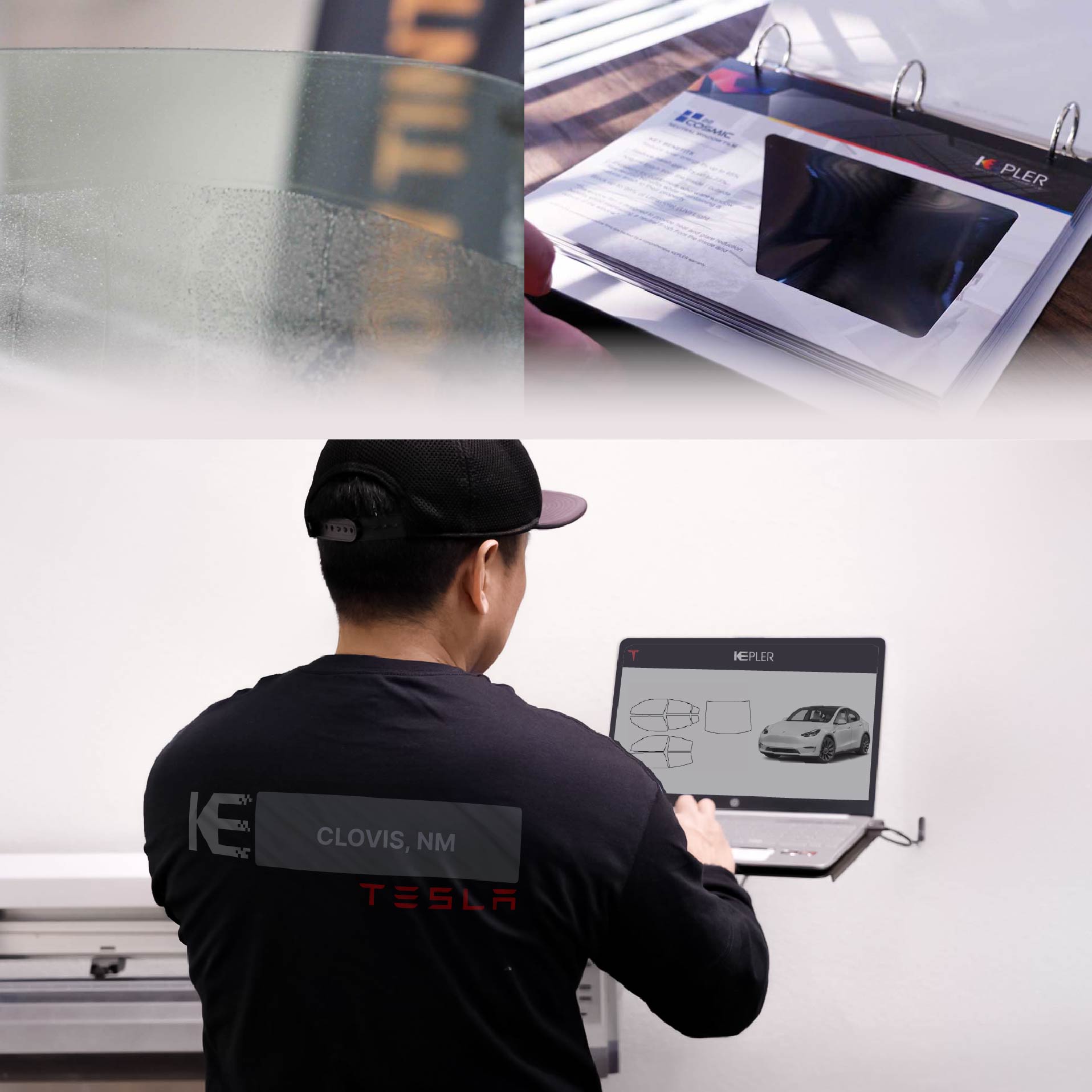 Expert Technician Installing Advanced Window Tint to Tesla in Clovis