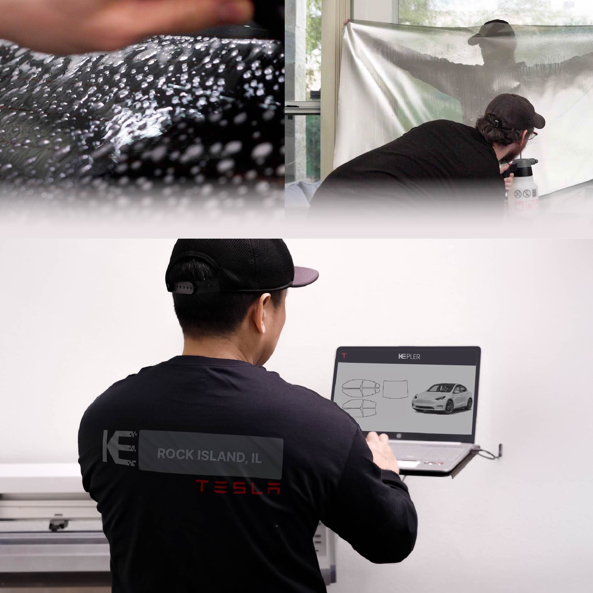 Expert Technician Installing Ceramic Window Tint to Tesla in Rock Island