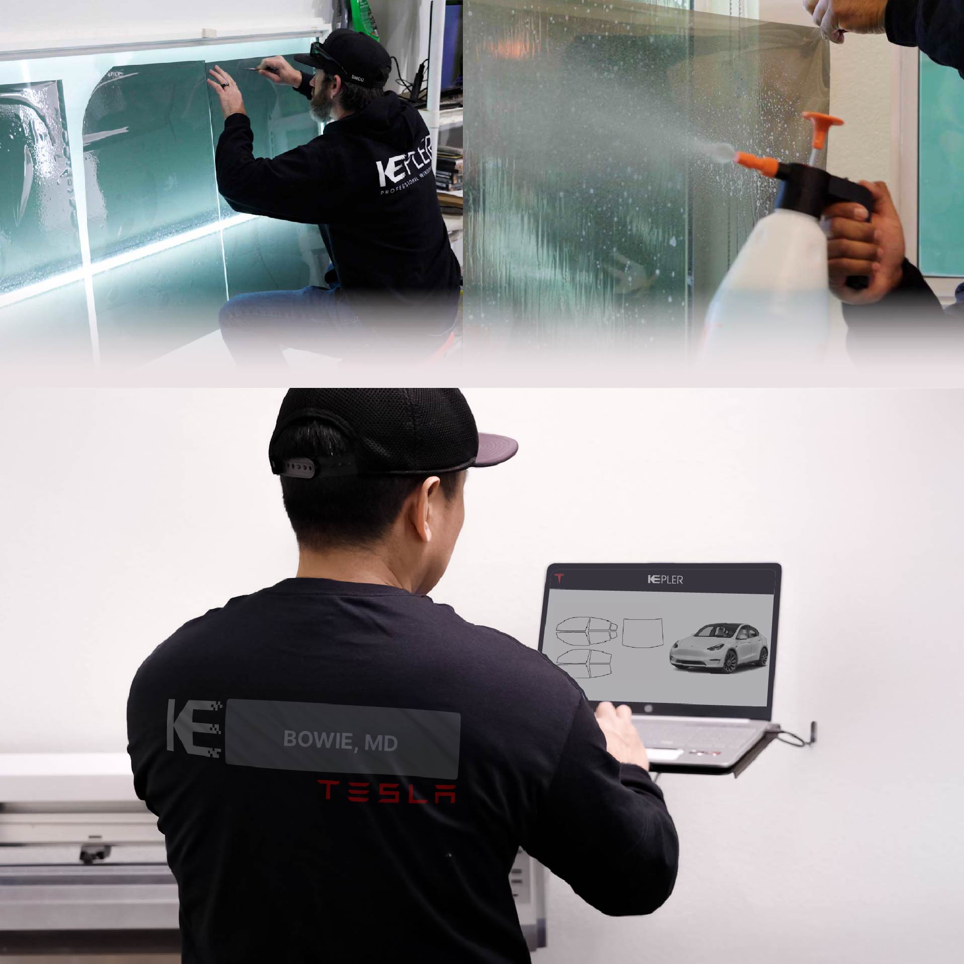 Kepler Technician Applying Ceramic Window Tint to Tesla in Bowie
