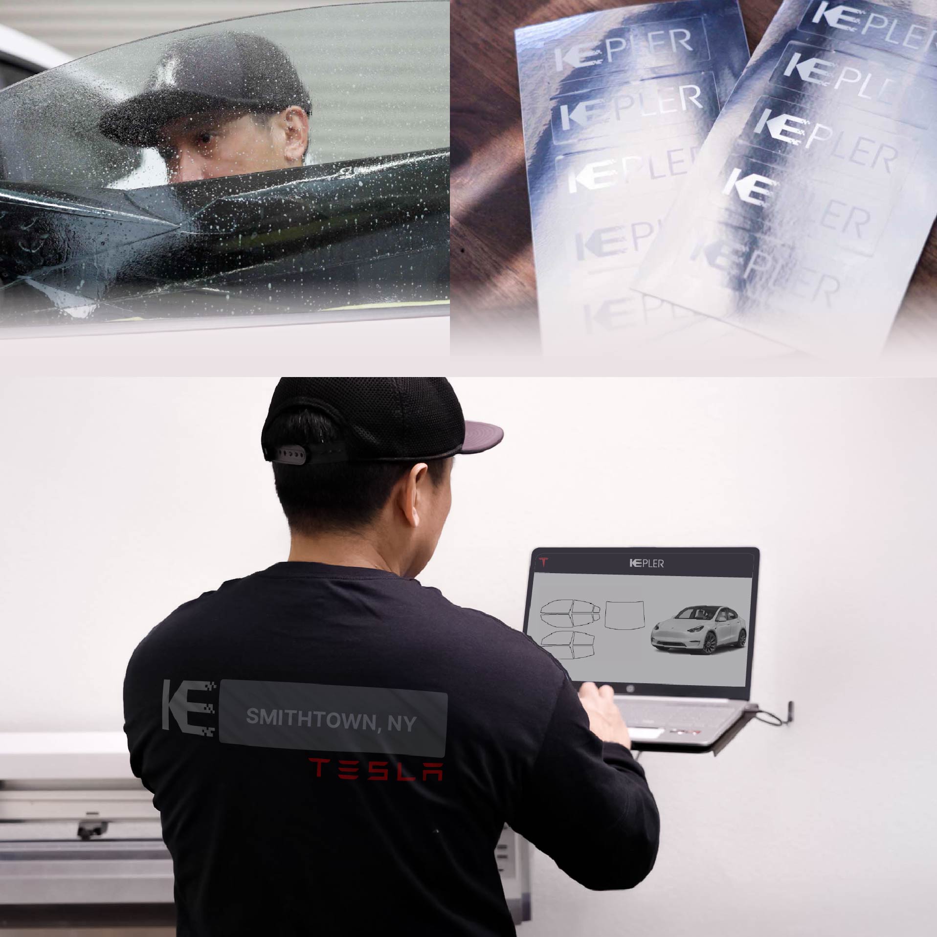 Expert Technician Installing Advanced Window Tint to Tesla in Smithtown