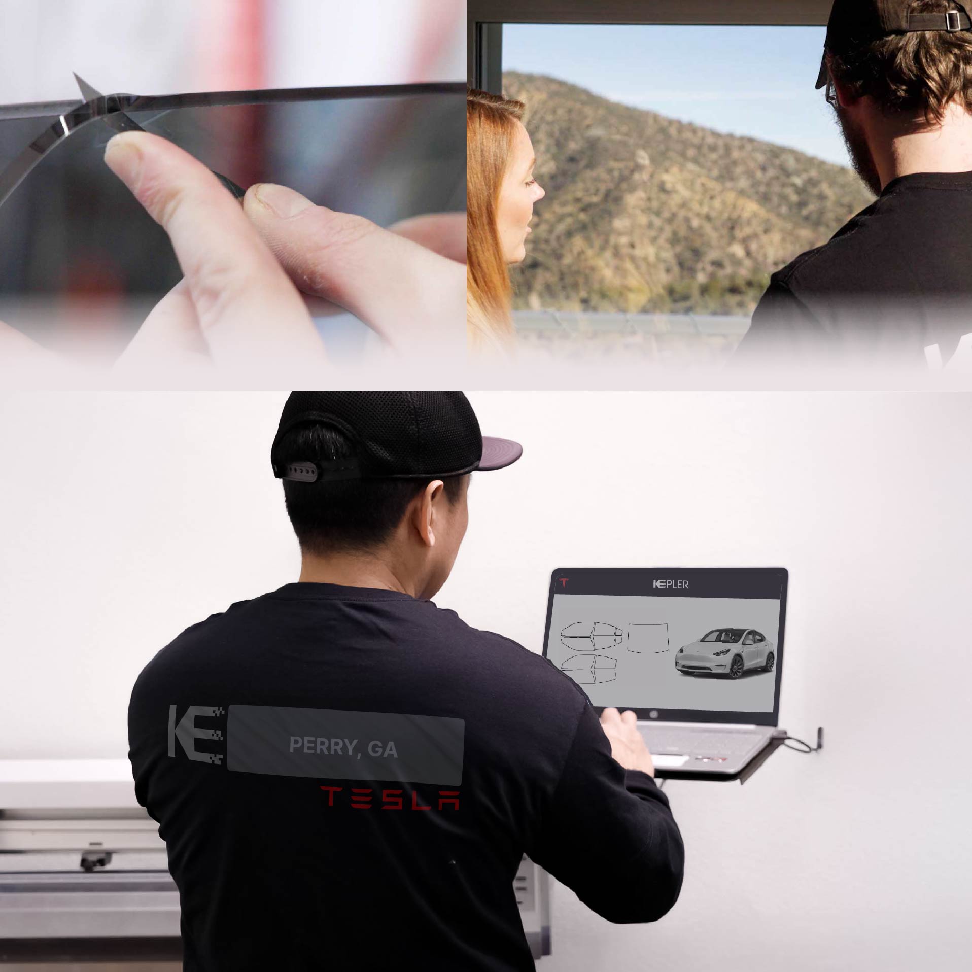 Expert Technician Applying High-tech Window Tint to Tesla in Perry