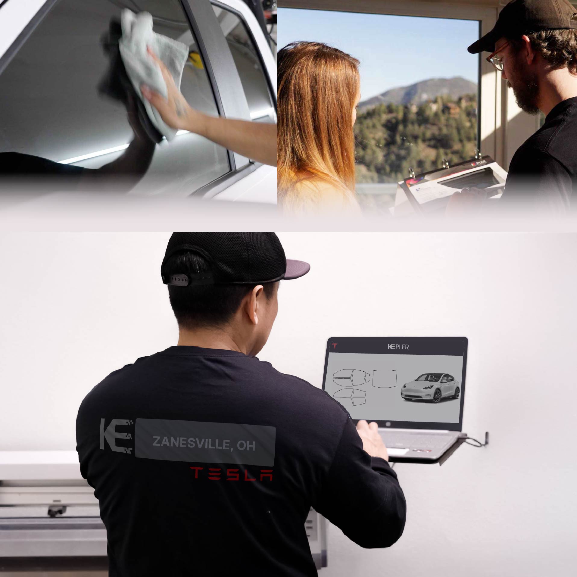 Expert Technician Applying High-tech Window Tint to Tesla in Zanesville