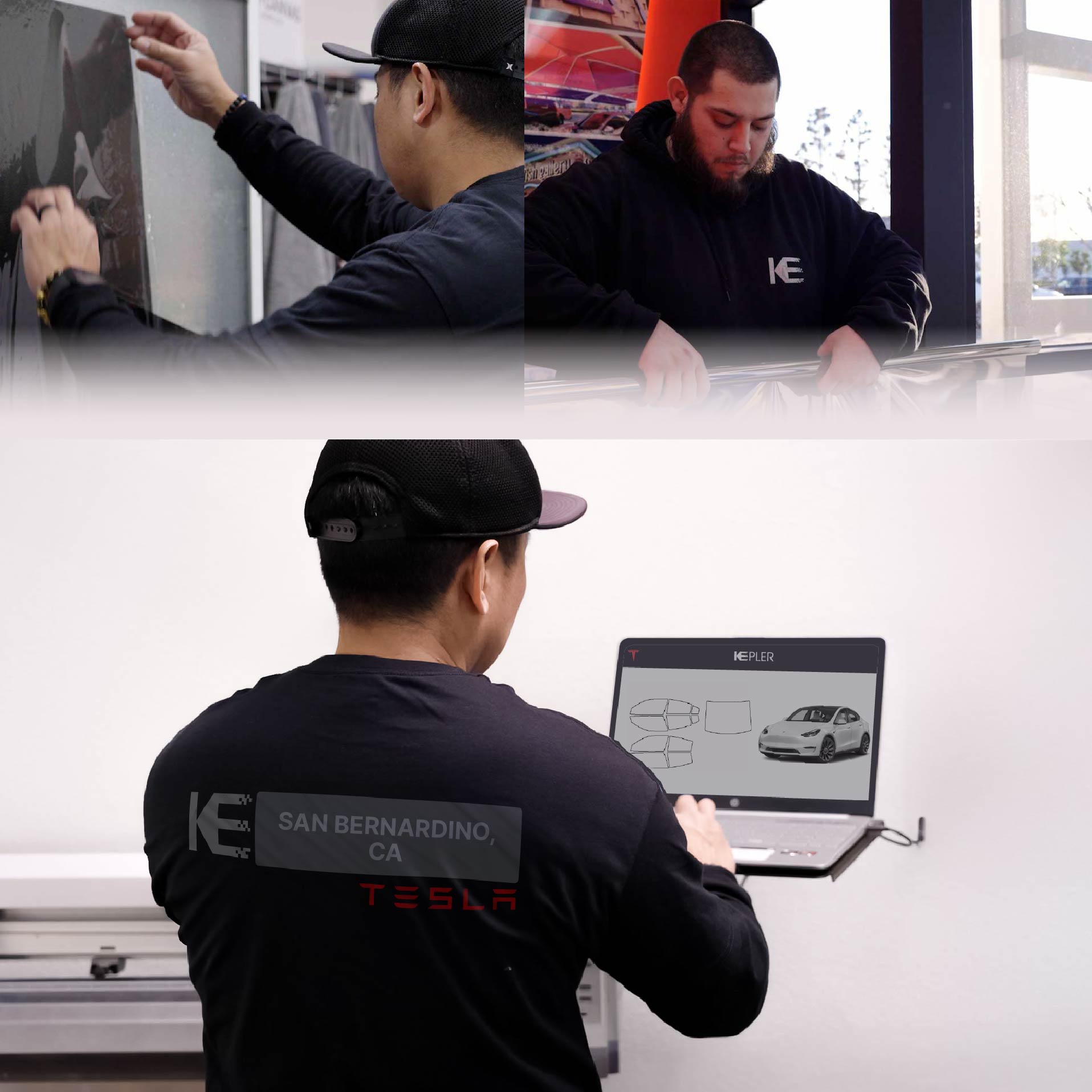 Expert Technician Applying Advanced Window Tint to Tesla in San Bernardino