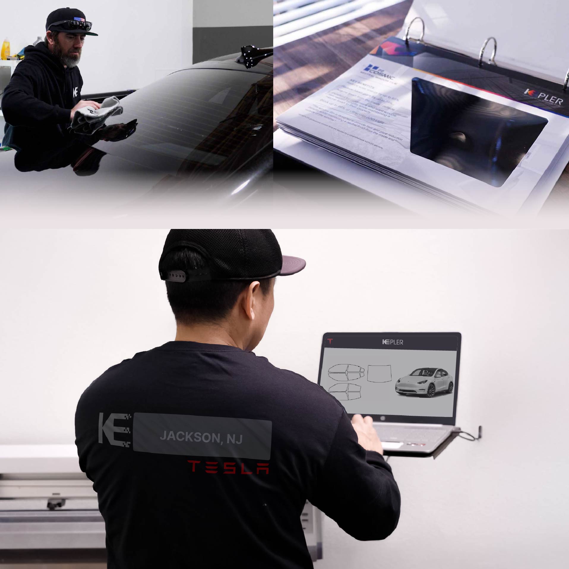 Expert Technician Fitting High-tech Window Tint to Tesla in Jackson