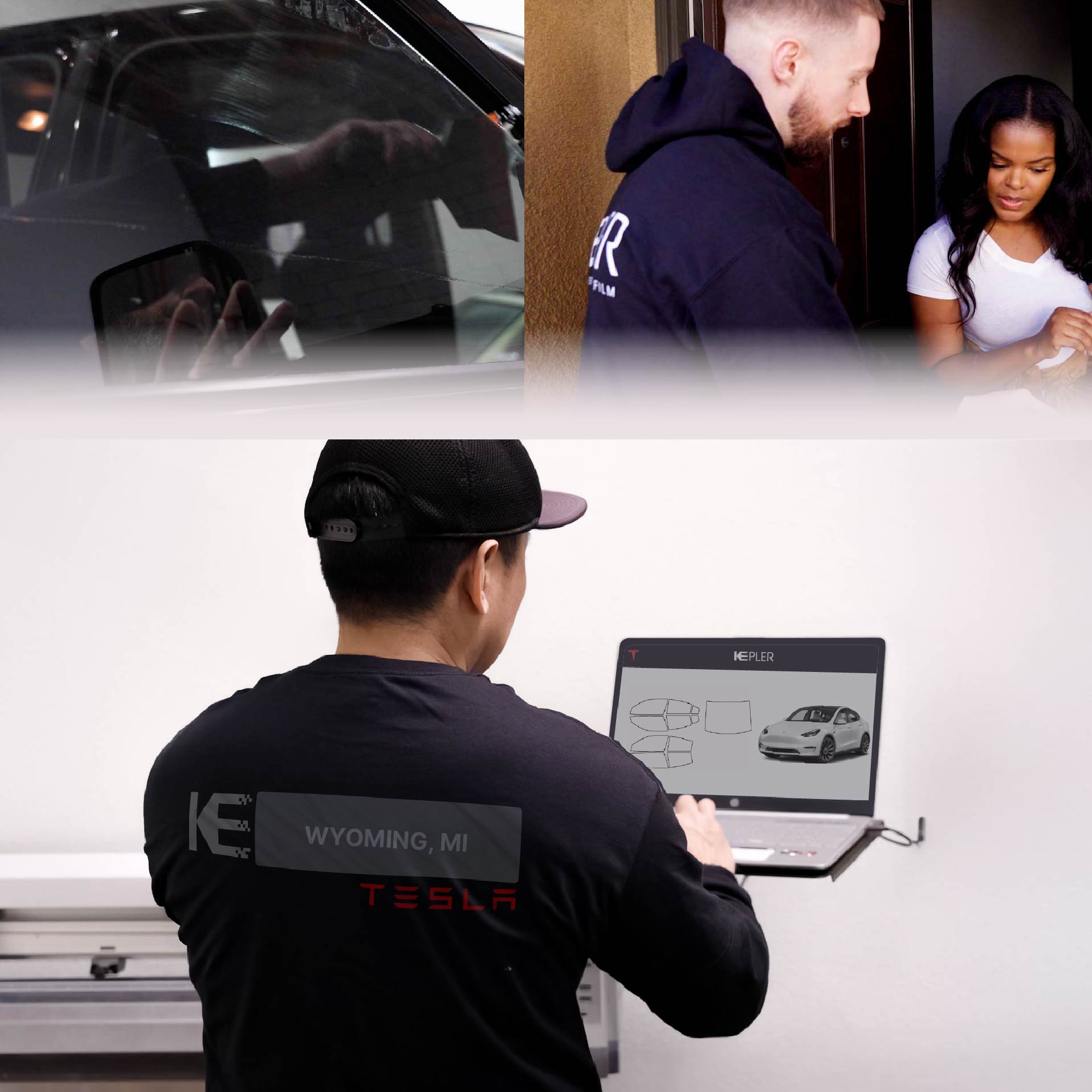 Expert Technician Applying Ceramic Window Tint to Tesla in Wyoming