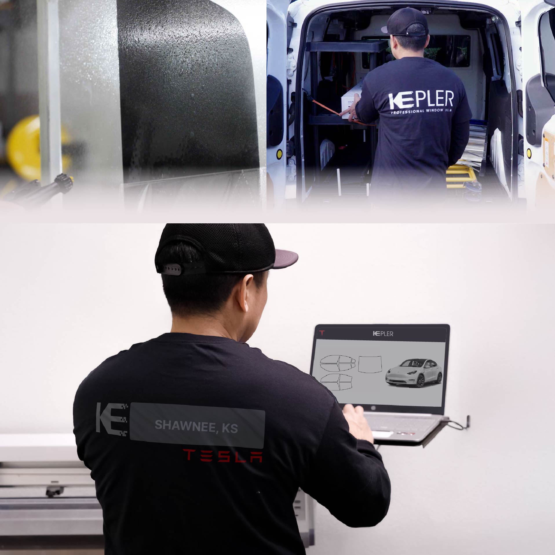 Expert Technician Applying Ceramic Window Tint to Tesla in Shawnee