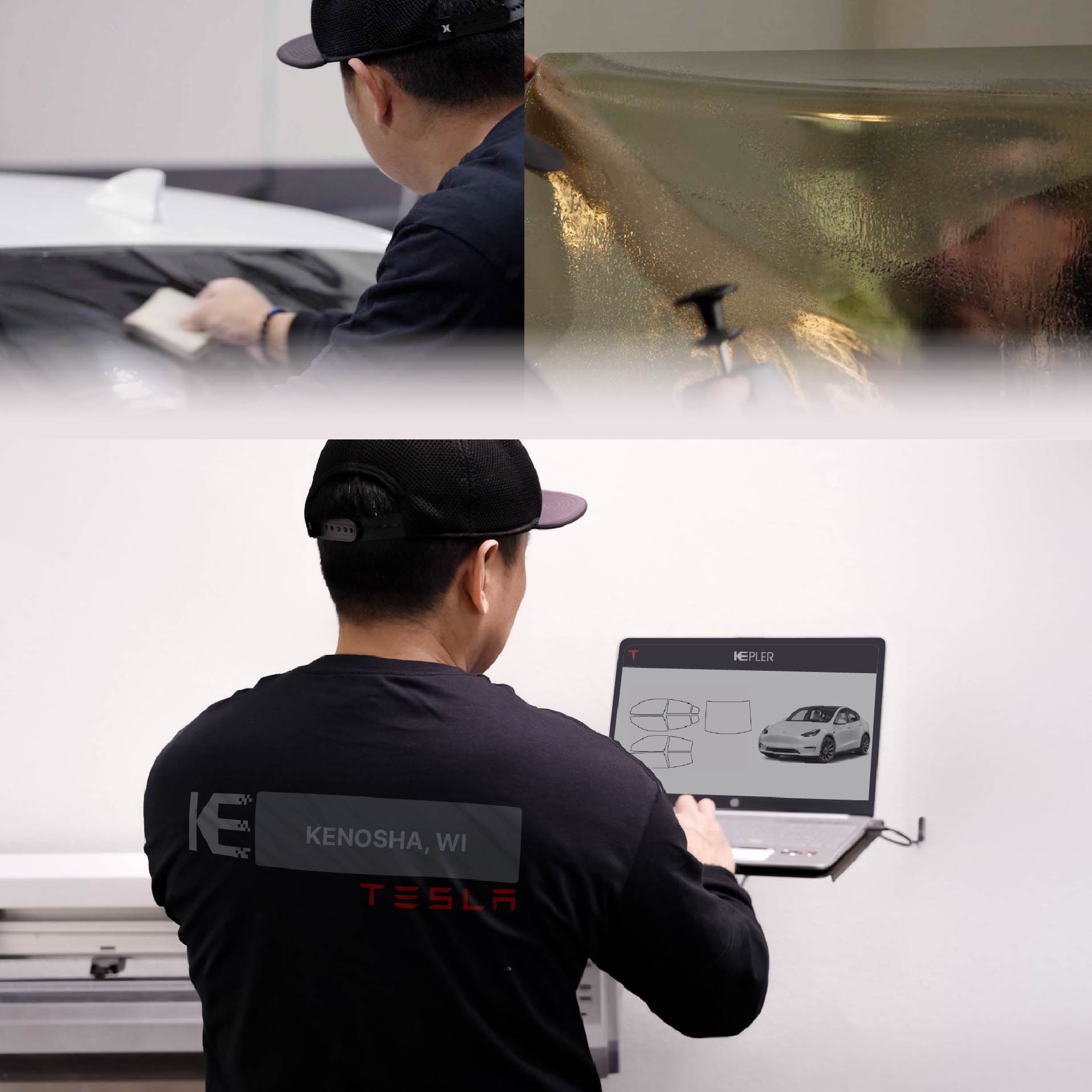Kepler Technician Fitting High-tech Window Tint to Tesla in Kenosha