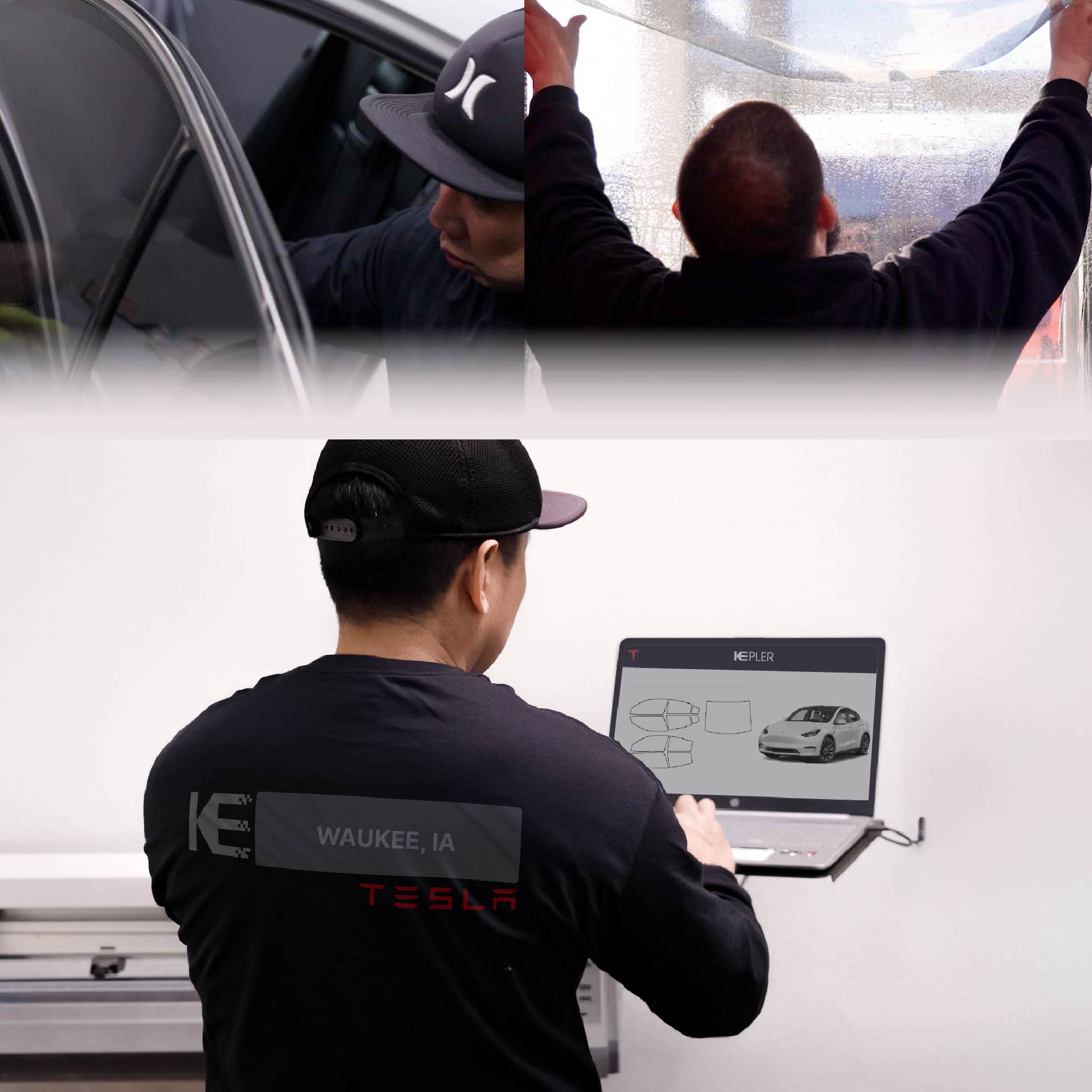 Expert Technician Fitting High-tech Window Tint to Tesla in Waukee