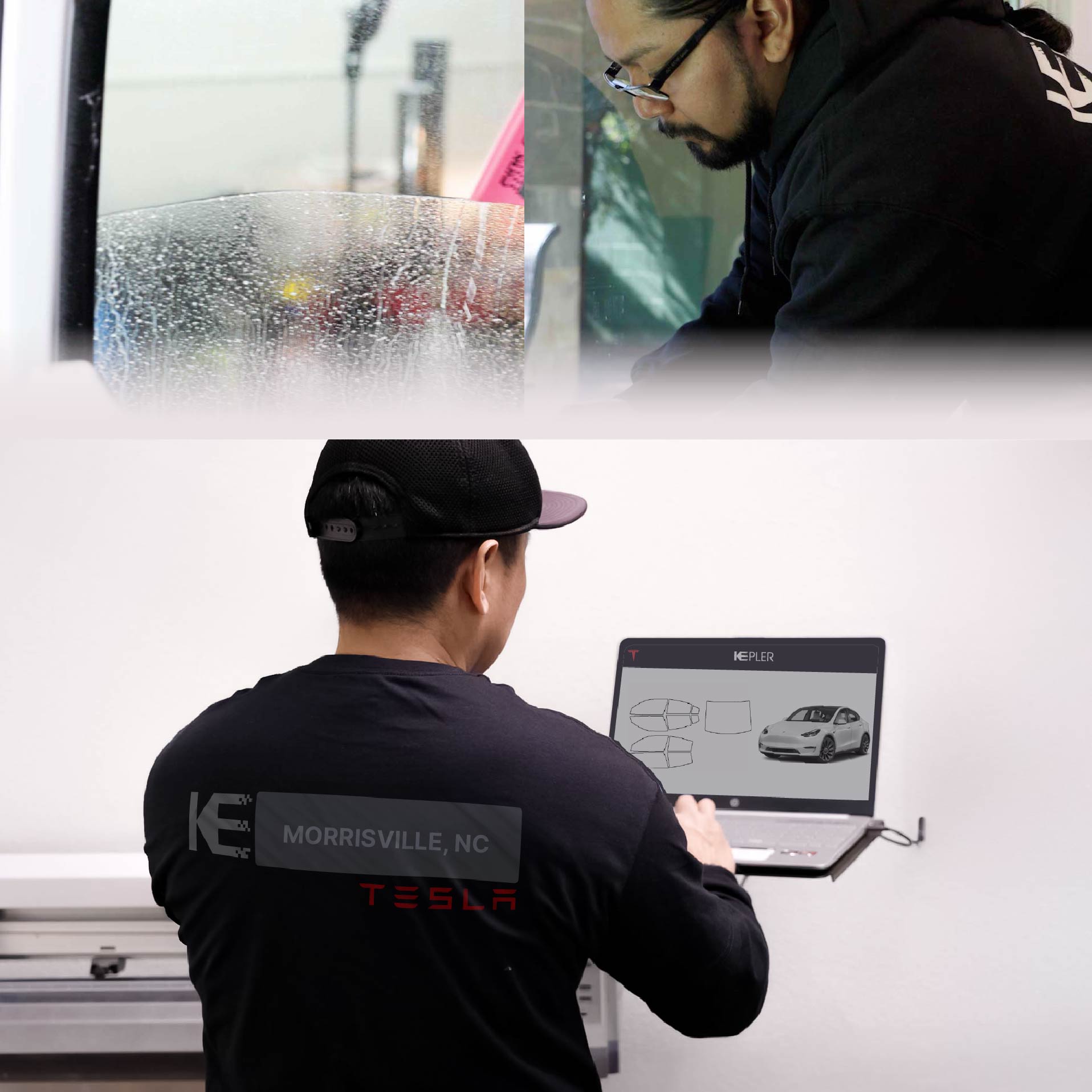 Kepler Technician Applying Advanced Window Tint to Tesla in Morrisville