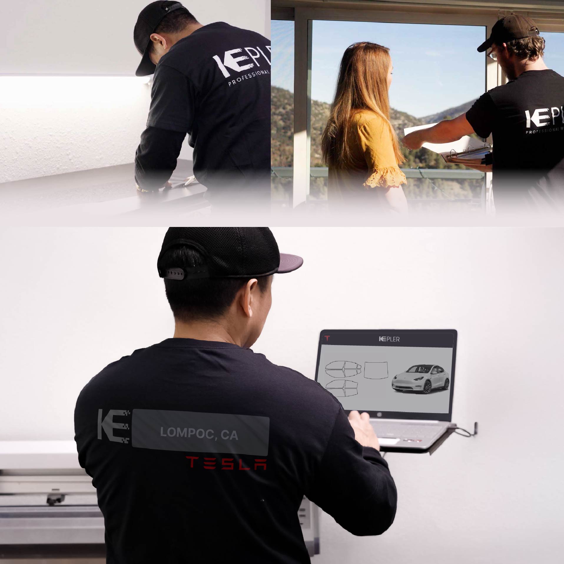 Kepler Technician Applying Ceramic Window Tint to Tesla in Lompoc